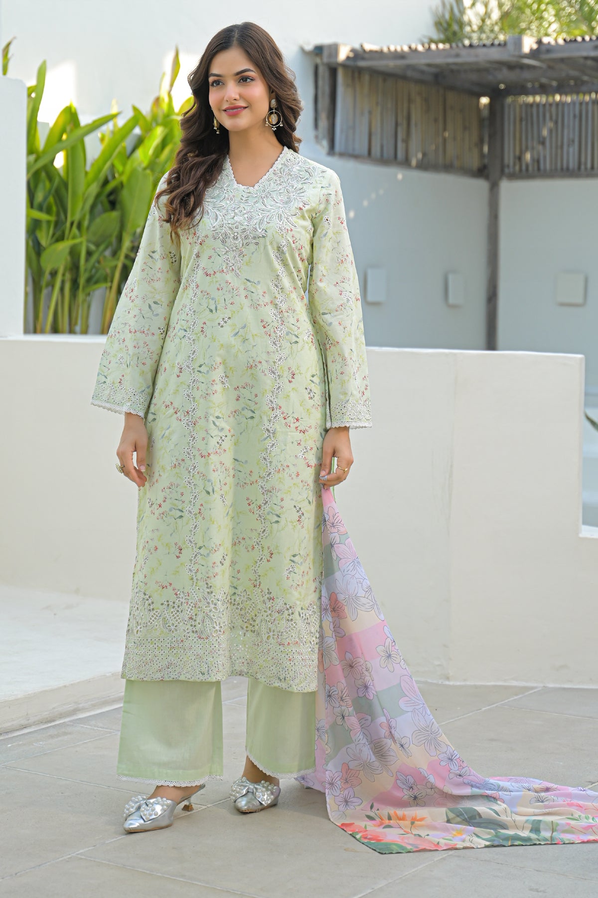 Green Cotton Embroidered Suit Set With Dupatta
