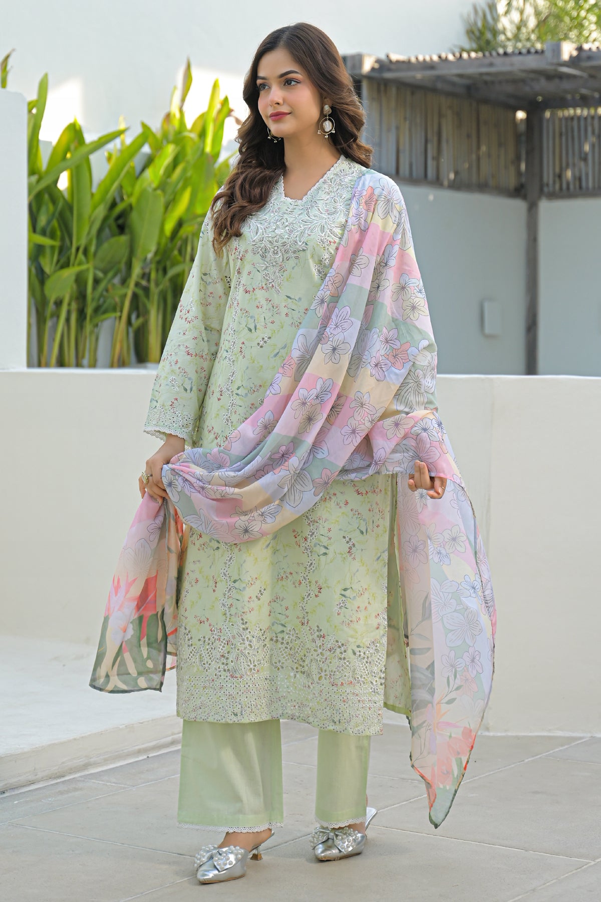 Green Cotton Embroidered Suit Set With Dupatta