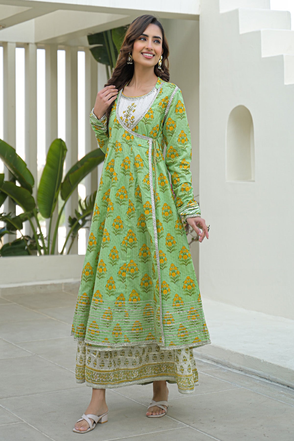 Green Cotton Gotapatti Gown Set