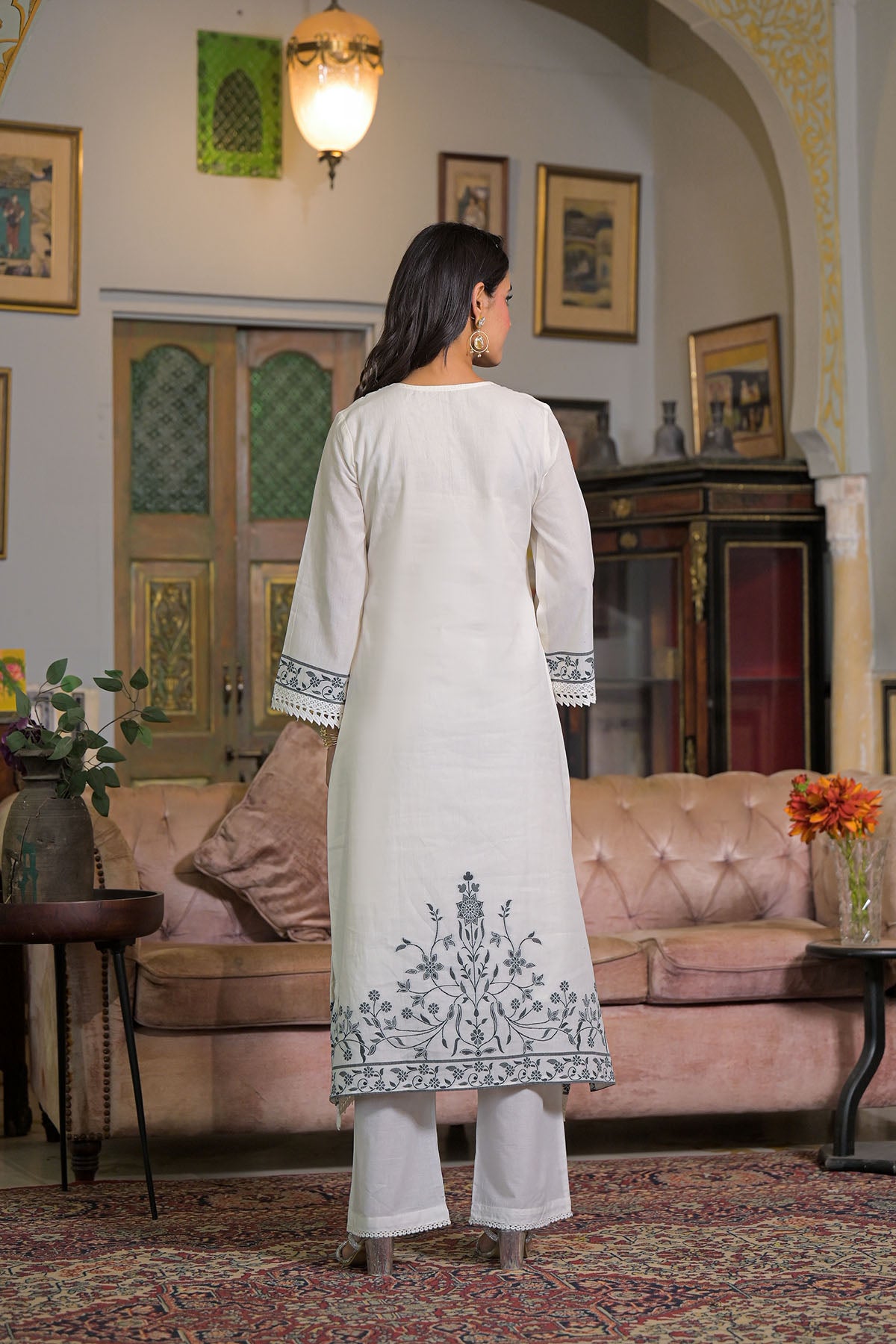 White Cotton Embroidered Straight-Cut Suit
