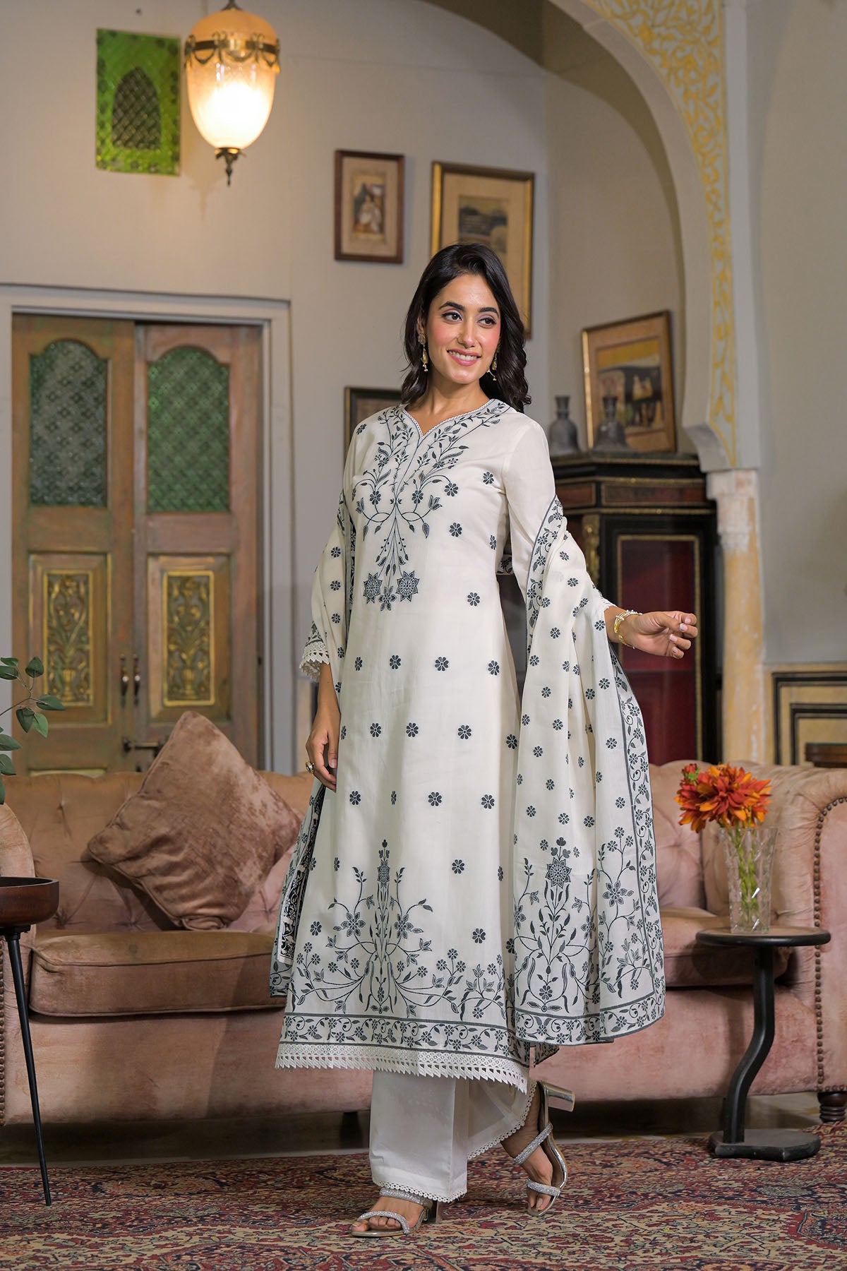White Cotton Embroidered Straight-Cut Suit