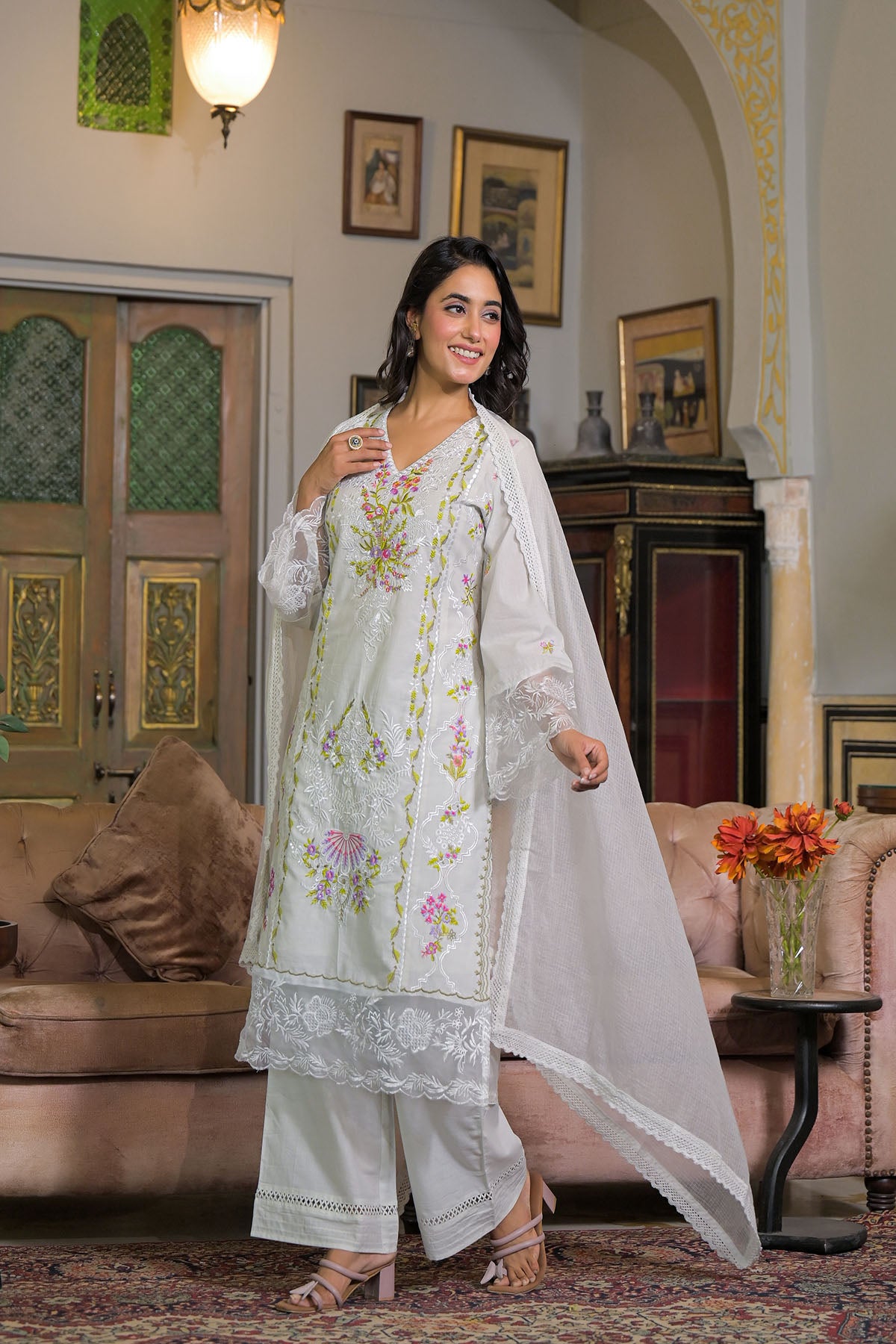 White Cotton Embroidered Straight Pakistani Suit