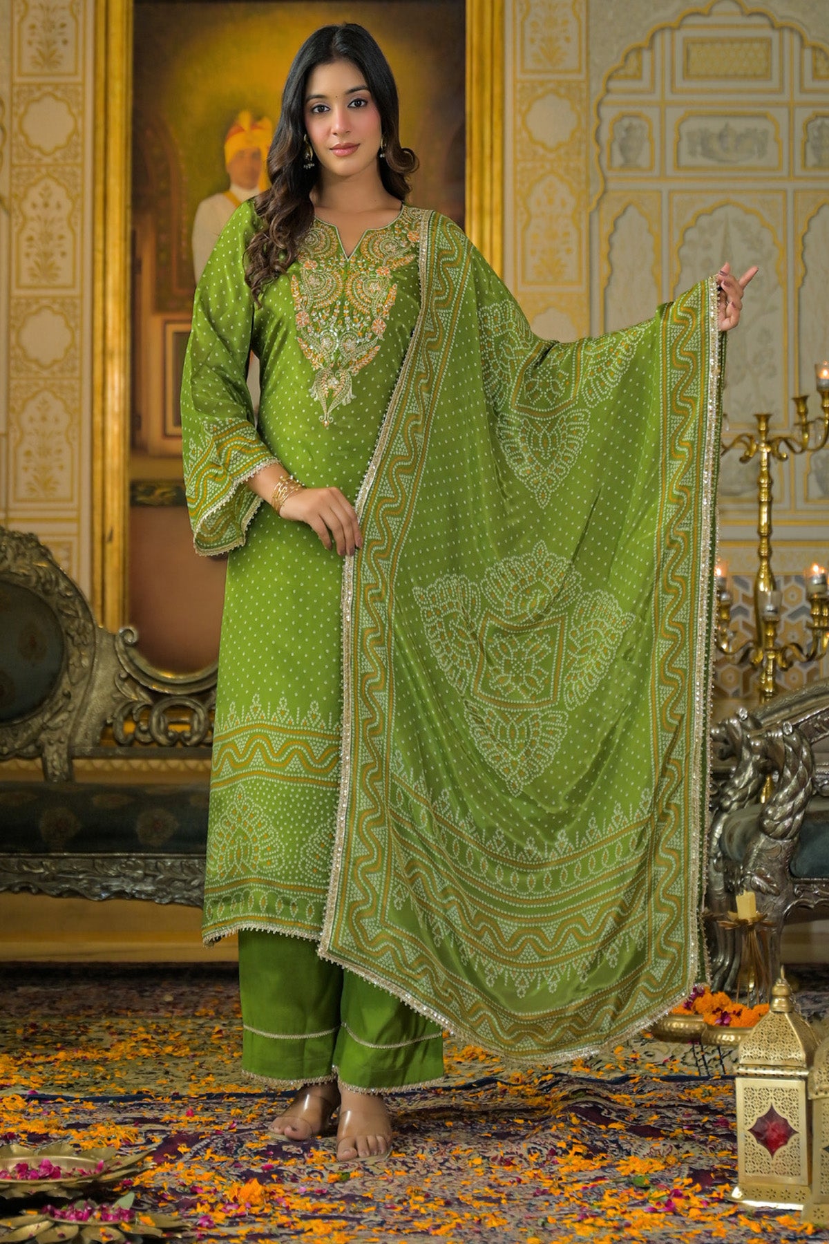 Green Viscose Crepe Handwork Suit Set