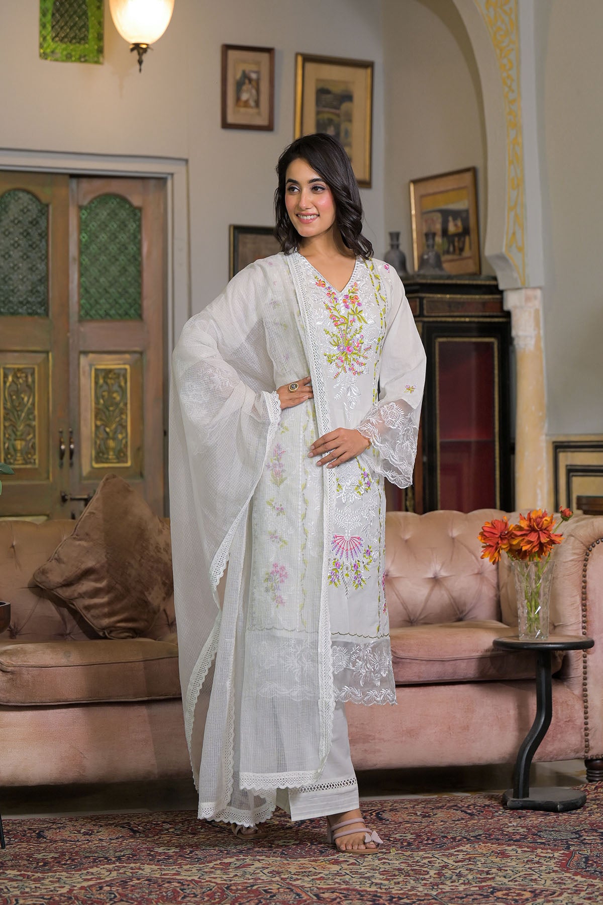White Cotton Embroidered Straight Pakistani Suit