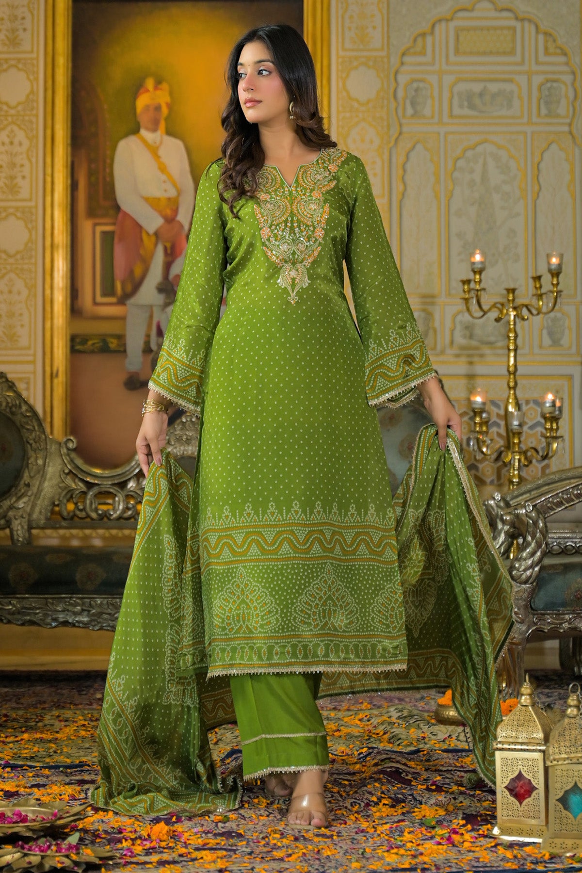 Green Viscose Crepe Handwork Suit Set