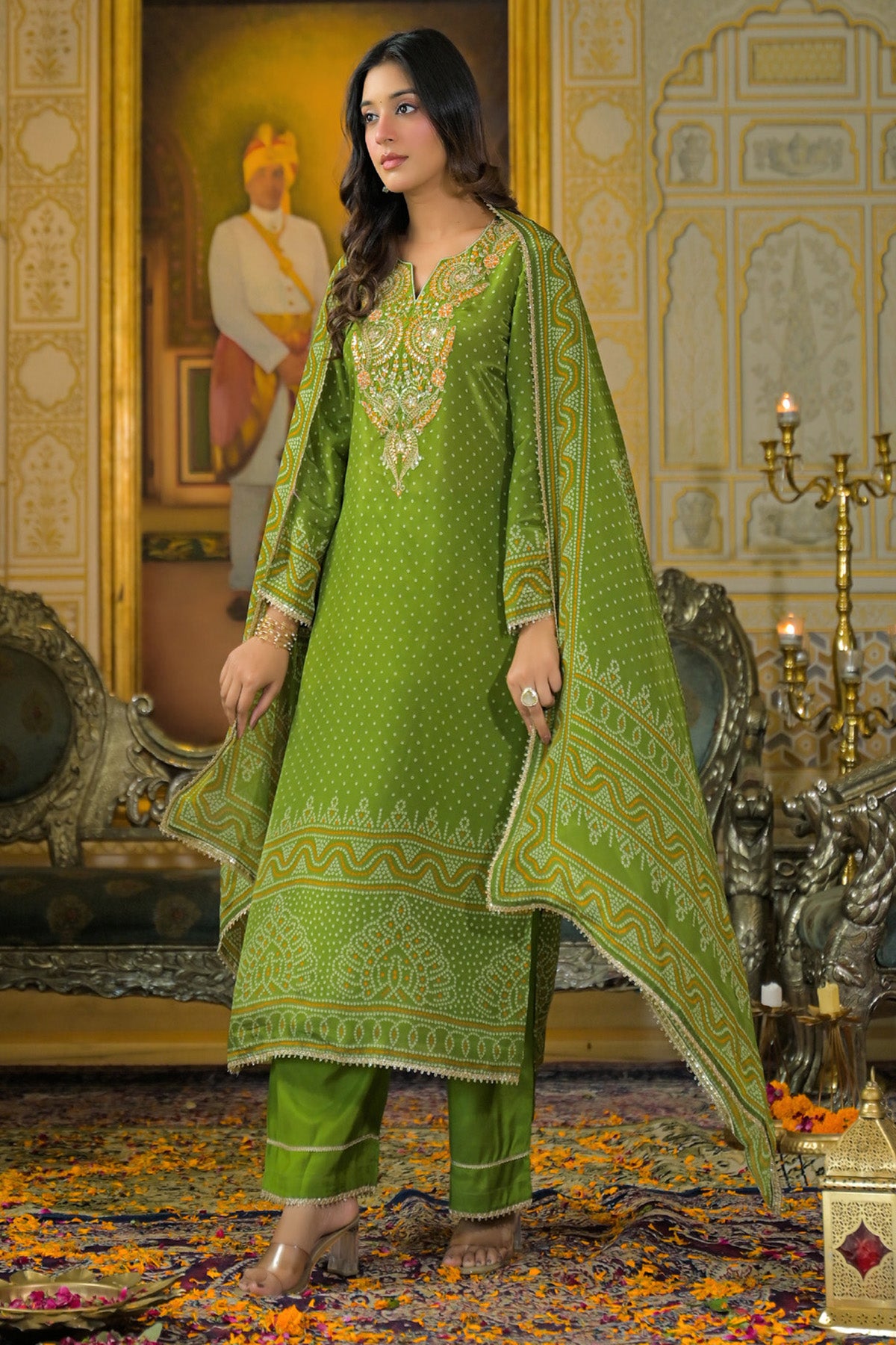 Green Viscose Crepe Handwork Suit Set