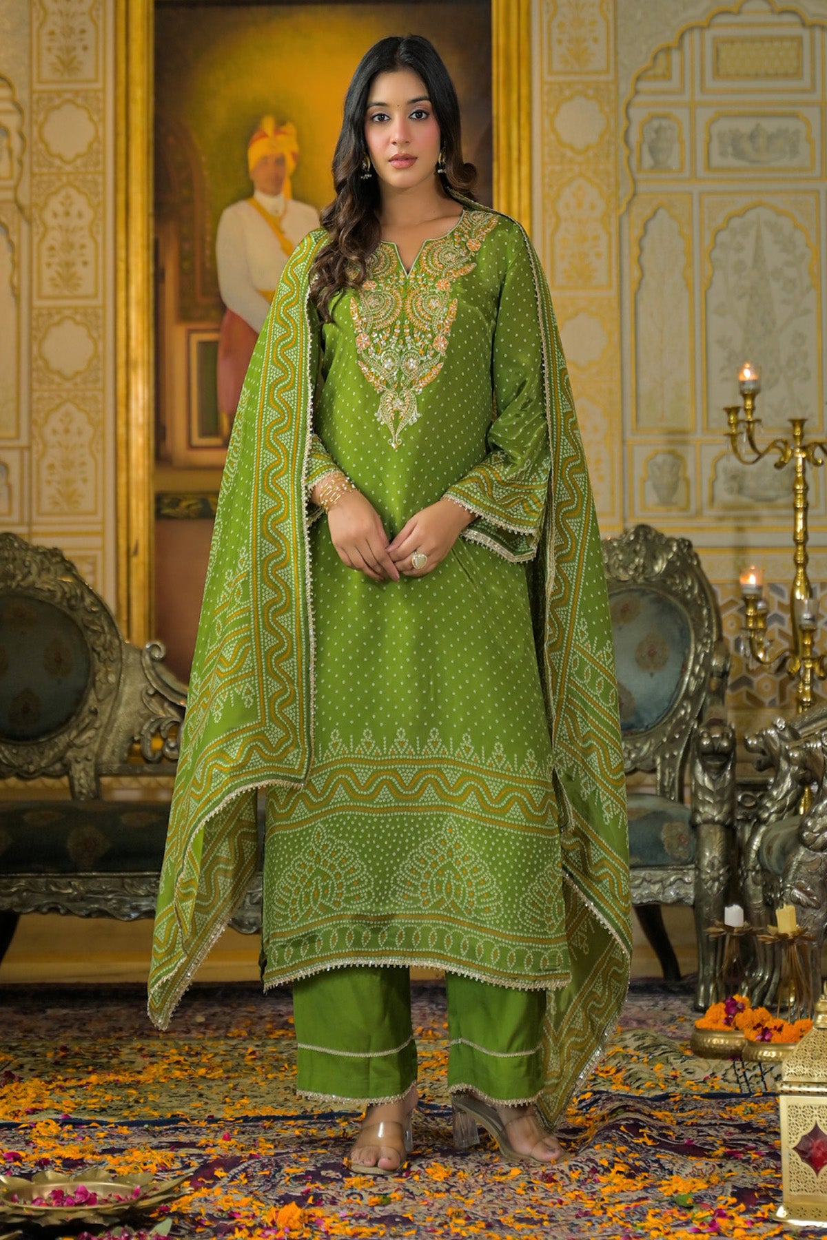 Green Viscose Crepe Handwork Suit Set