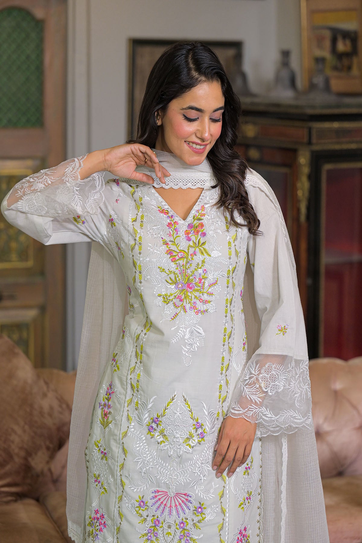 White Cotton Embroidered Straight Pakistani Suit