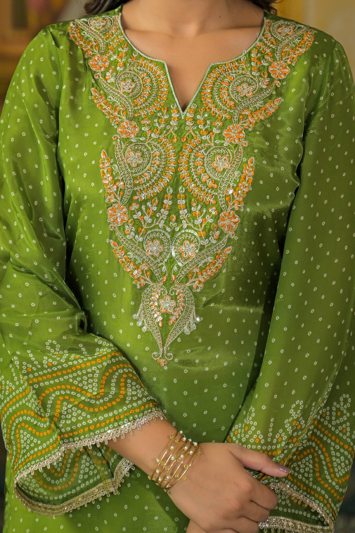 Green Viscose Crepe Handwork Suit Set