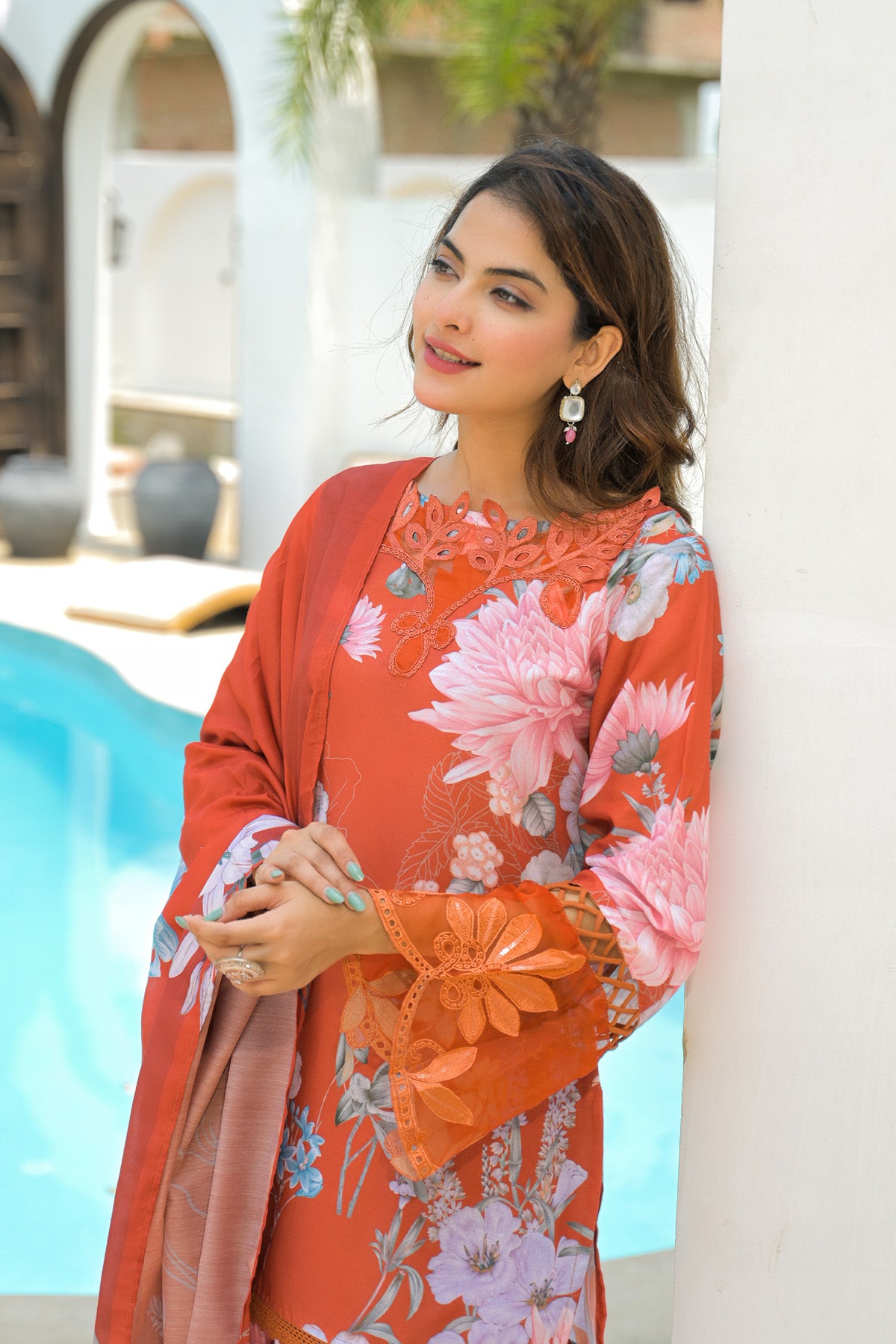 Orange Cotton Embroidered Straight Cut Suit Set | Bairaas