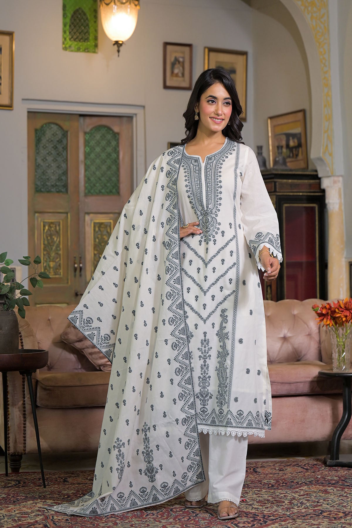 White Cotton Straight-Cut Embroidered Suit