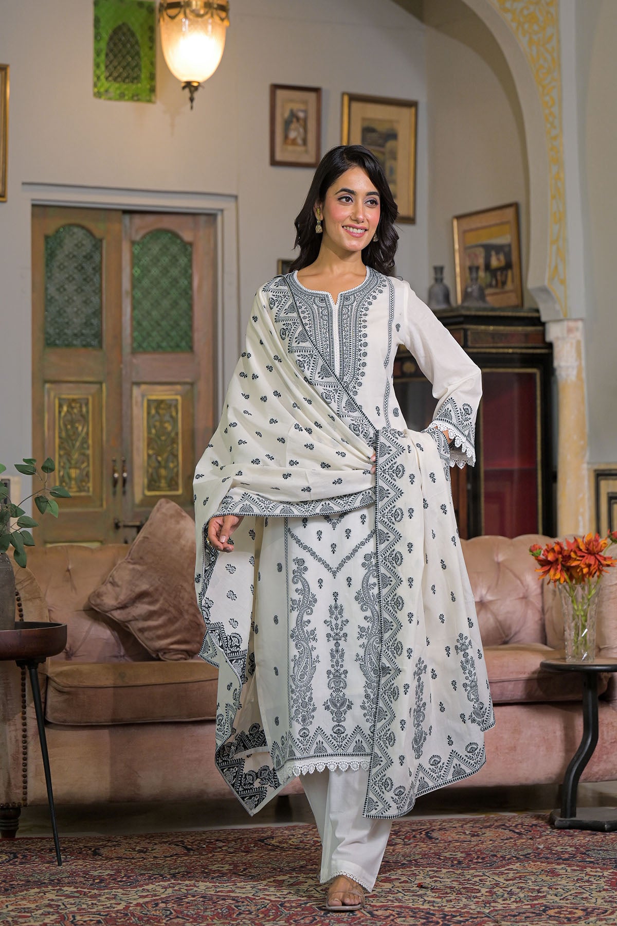 White Cotton Straight-Cut Embroidered Suit