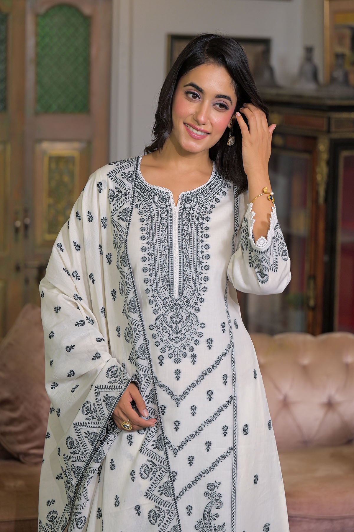 White Cotton Straight-Cut Embroidered Suit