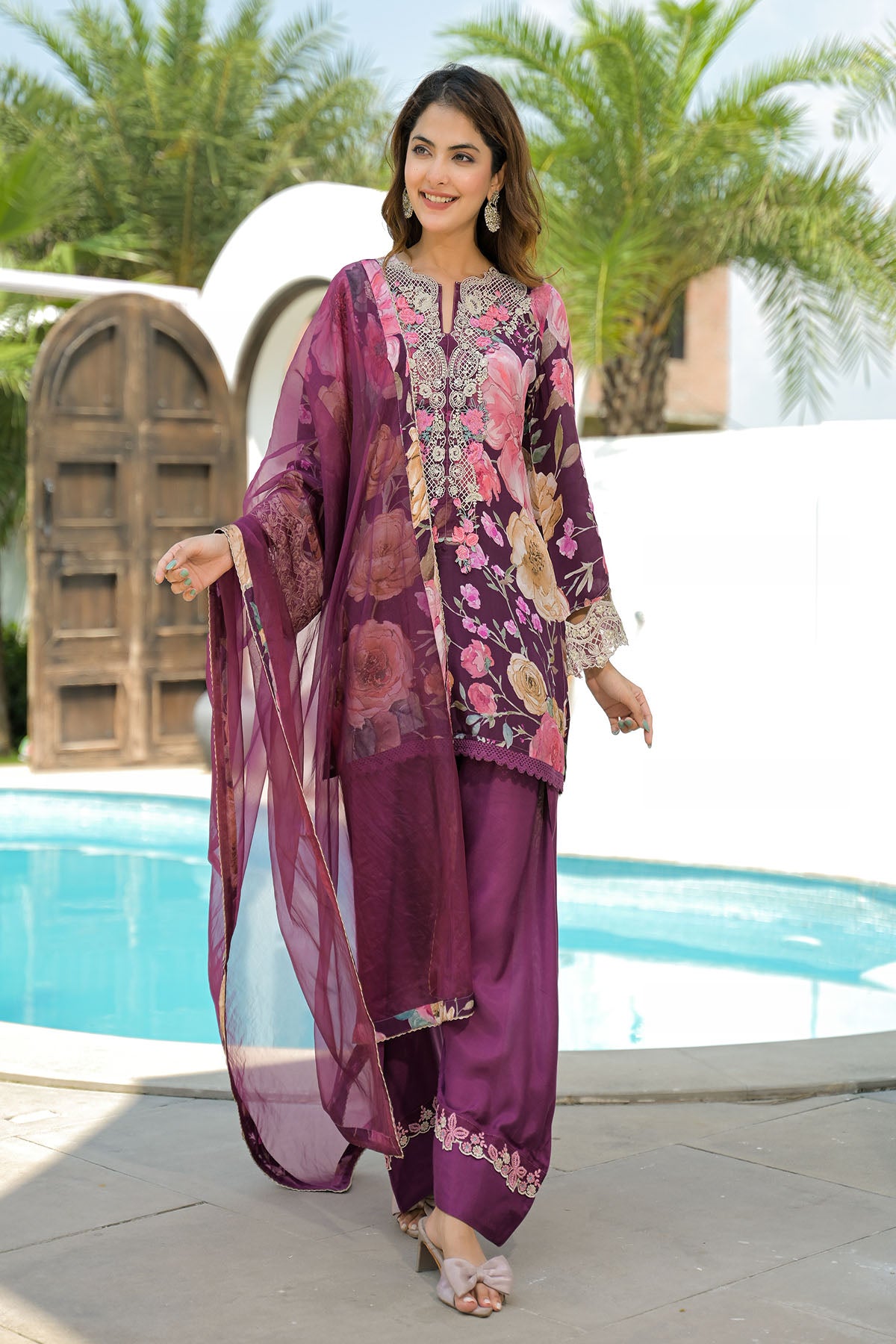 Brown Crepe Embroidered Farsi Salwar Set