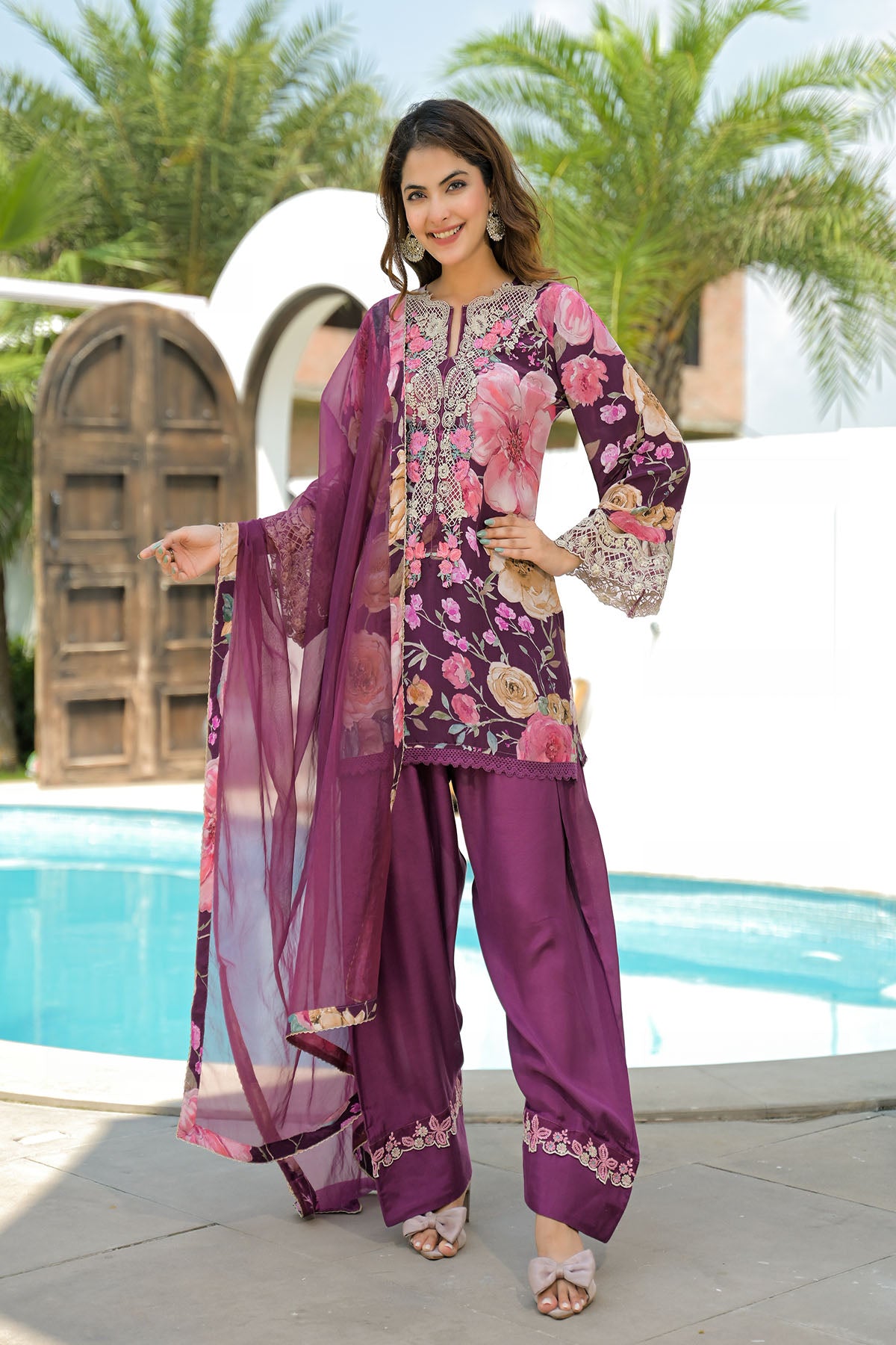 Brown Crepe Embroidered Farsi Salwar Set