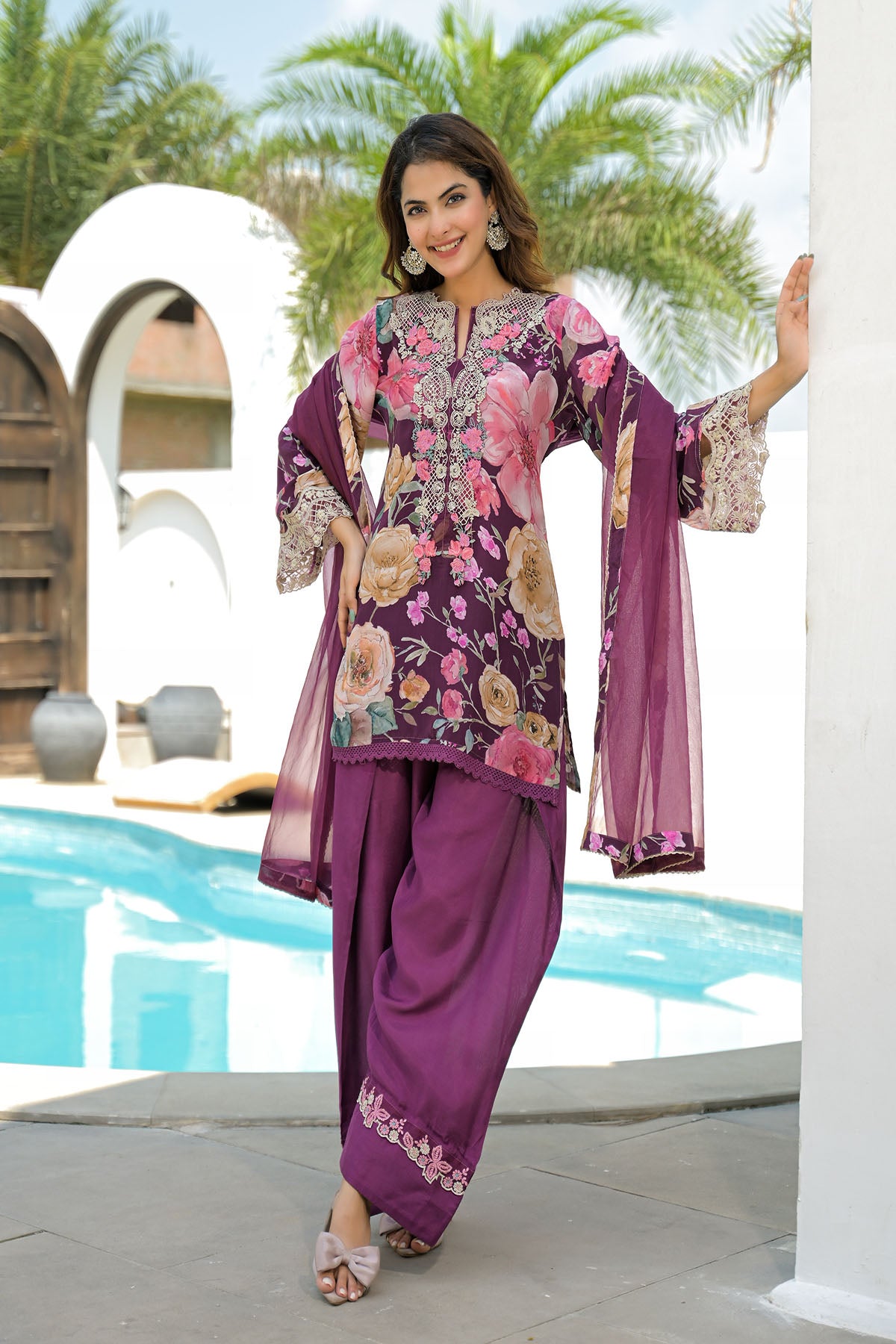 Brown Crepe Embroidered Farsi Salwar Set