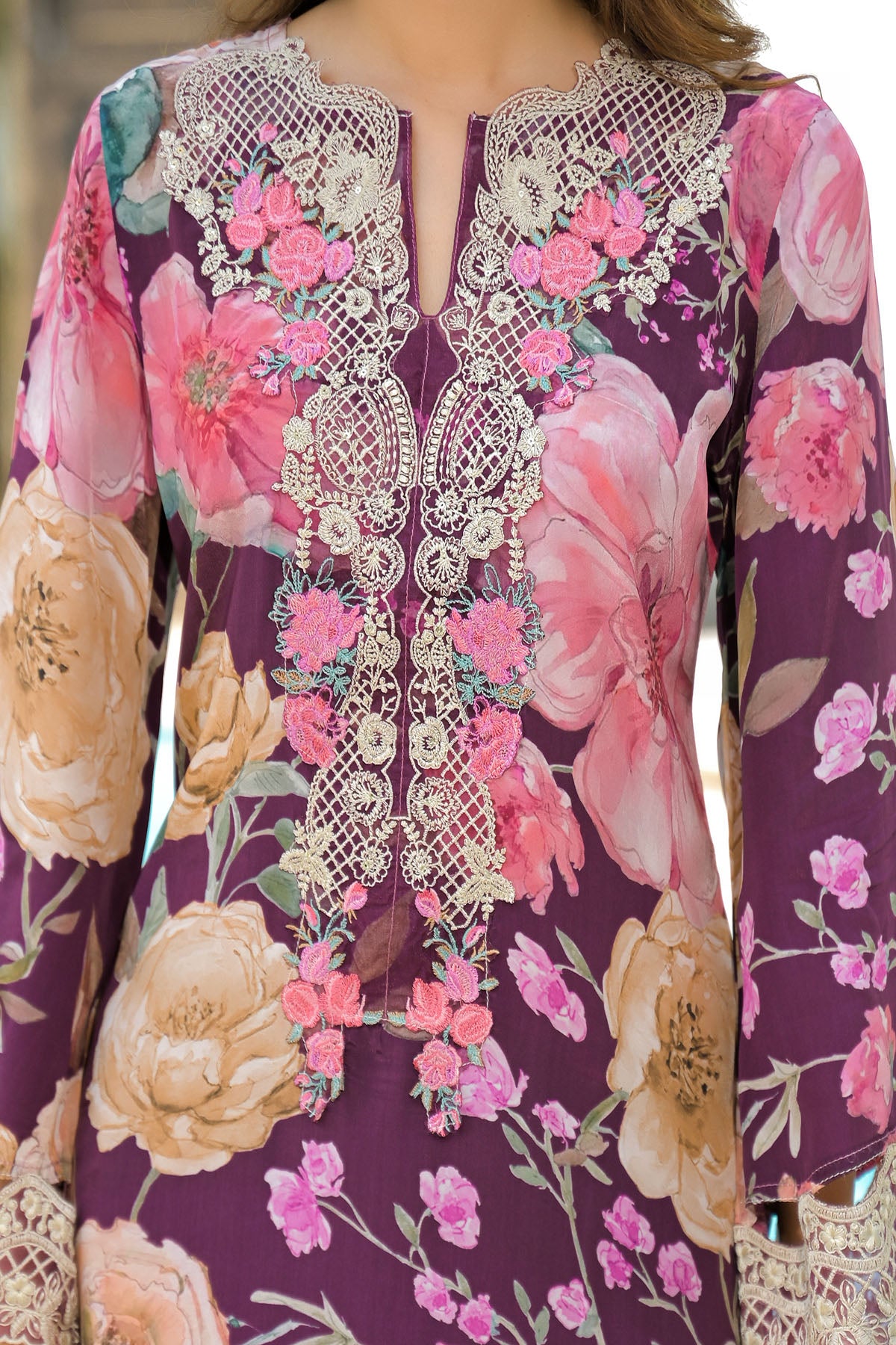 Brown Crepe Embroidered Farsi Salwar Set