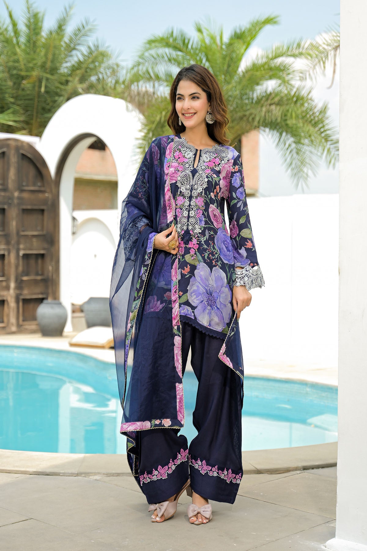 Blue Crepe Embroidered Farsi Salwar Set