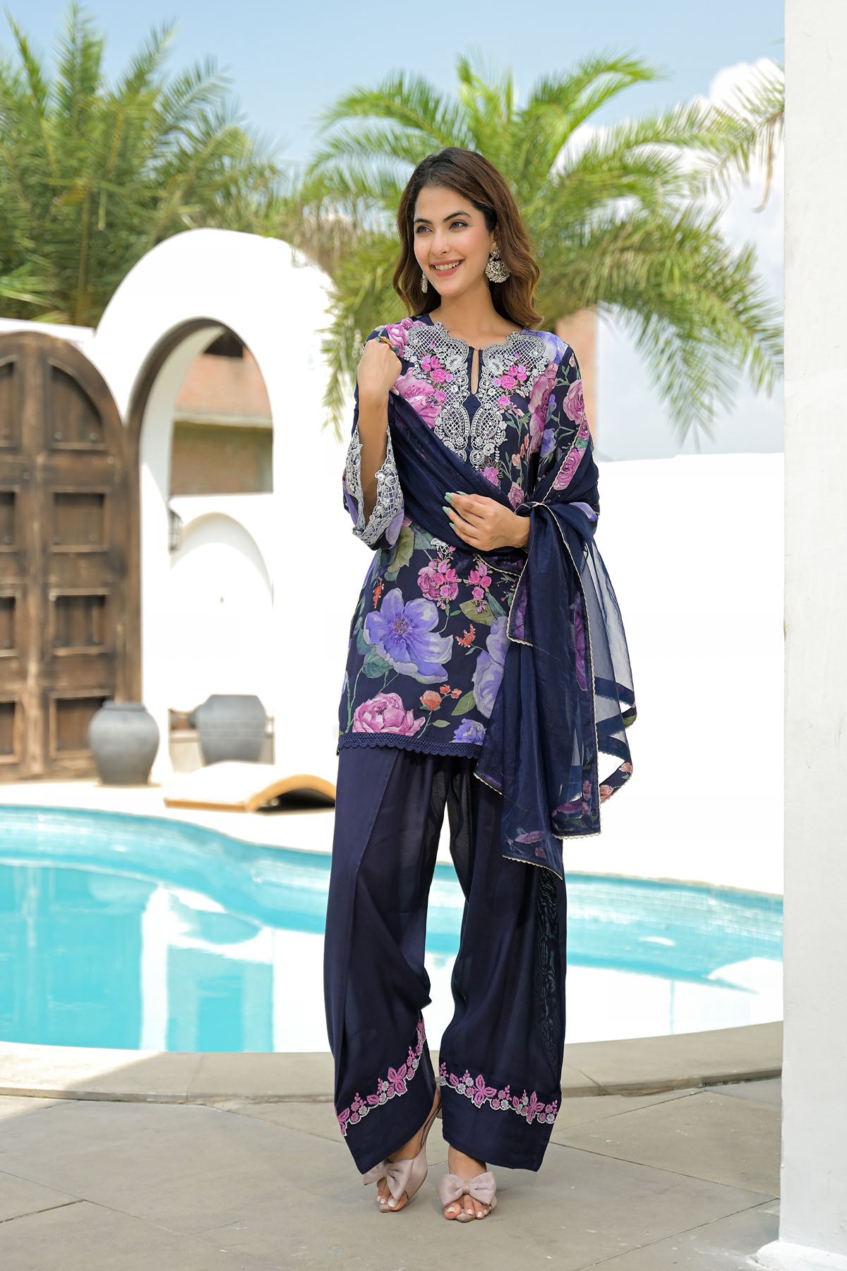 Blue Crepe Embroidered Farsi Salwar Set