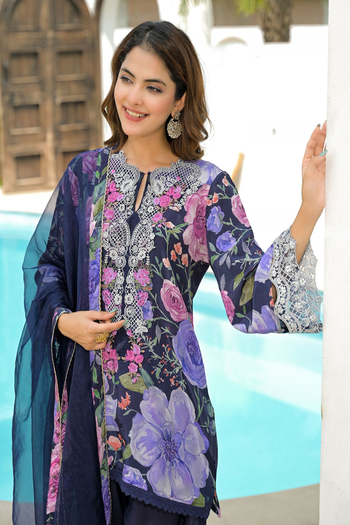 Blue Crepe Embroidered Farsi Salwar Set