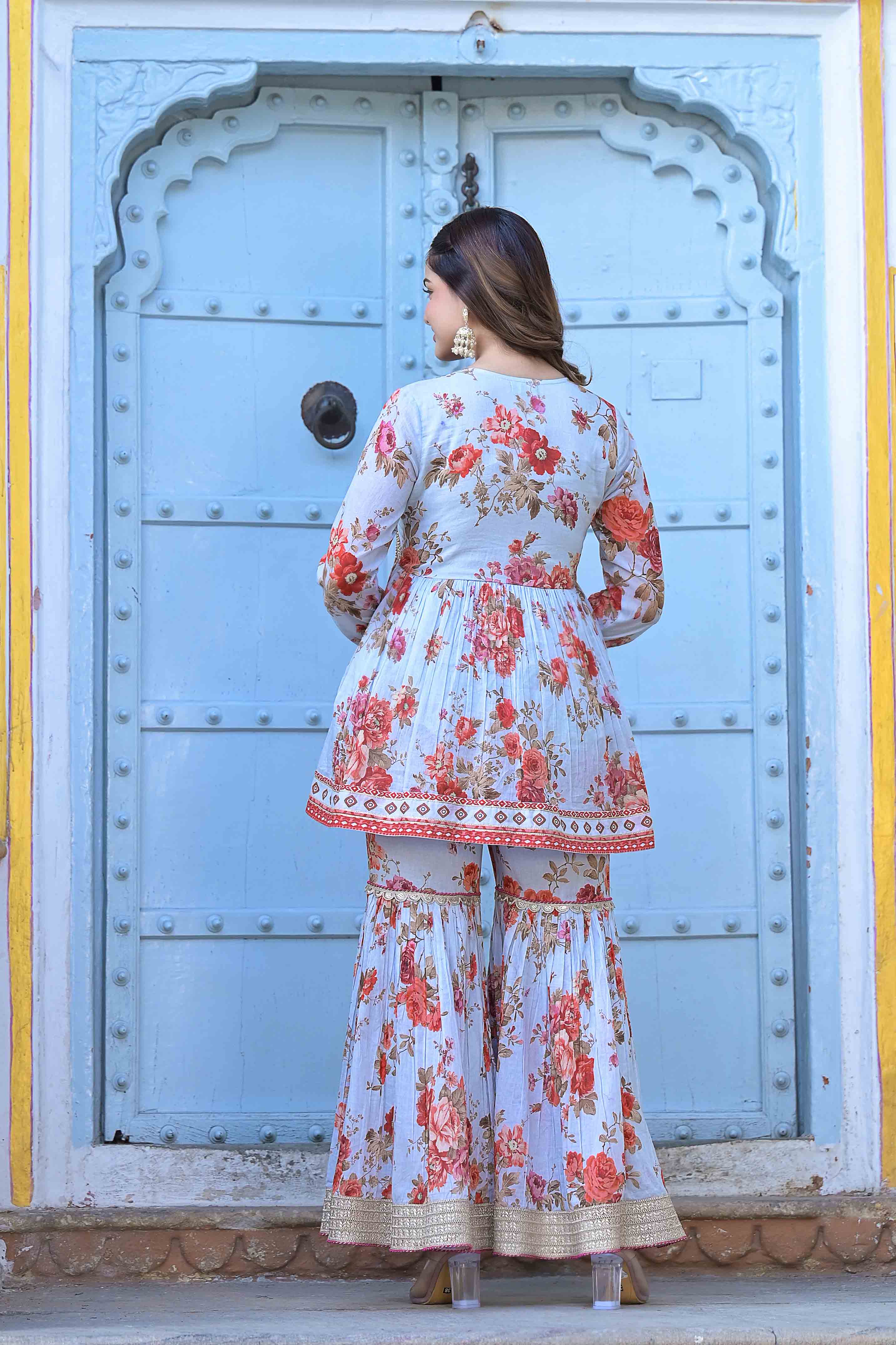 Sky Cotton Handwork Sharara Set