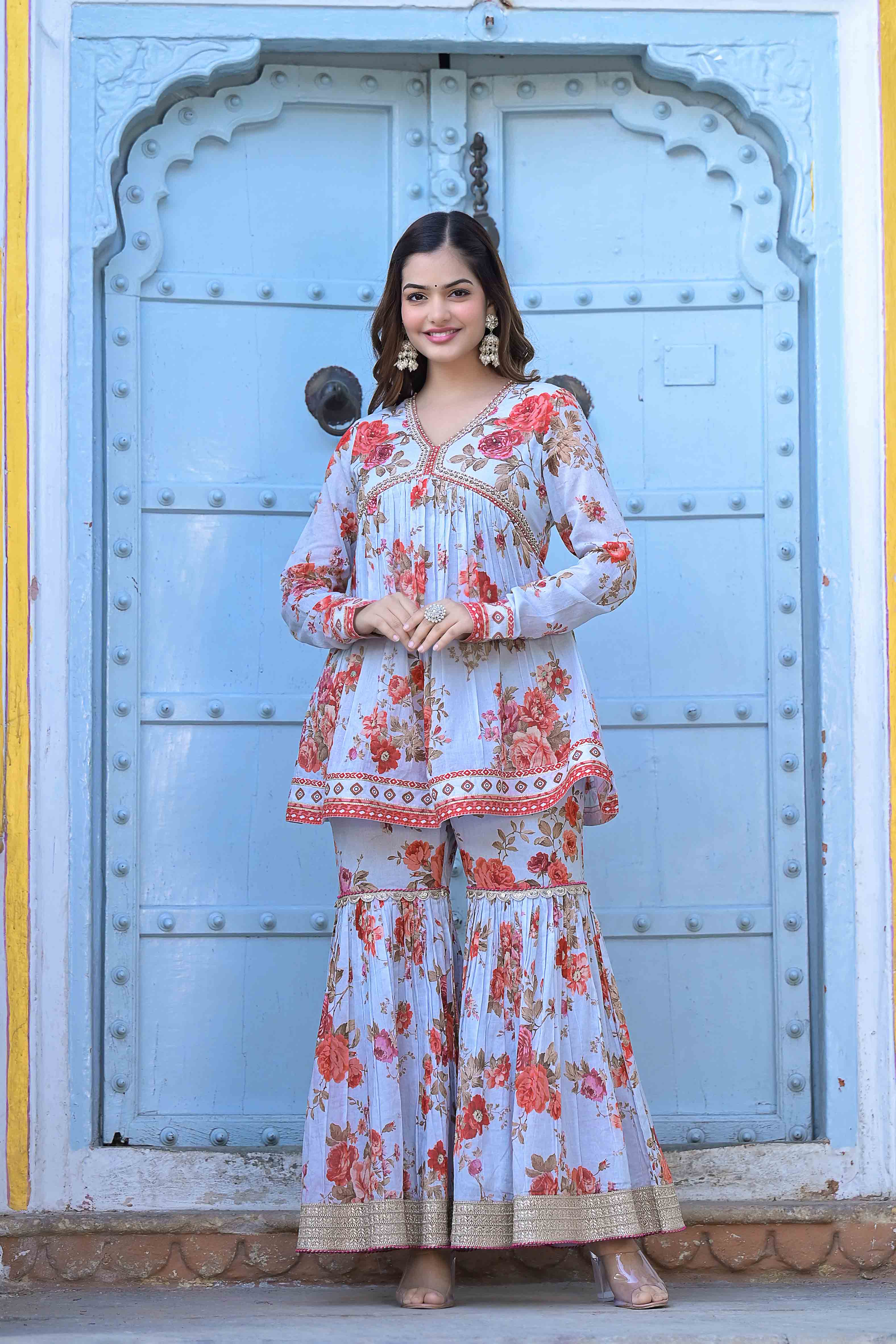 Sky Cotton Handwork Sharara Set