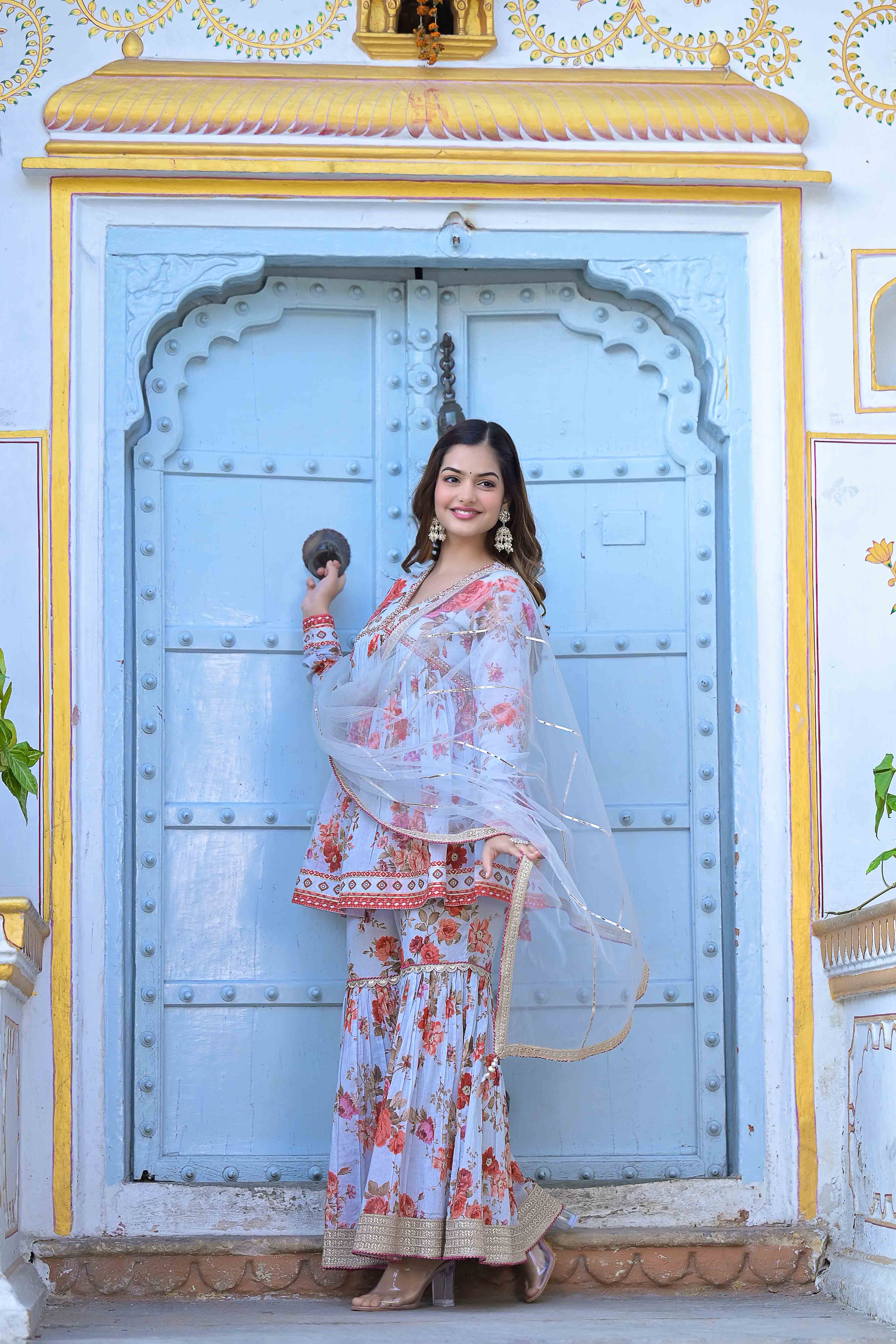 Sky Cotton Handwork Sharara Set
