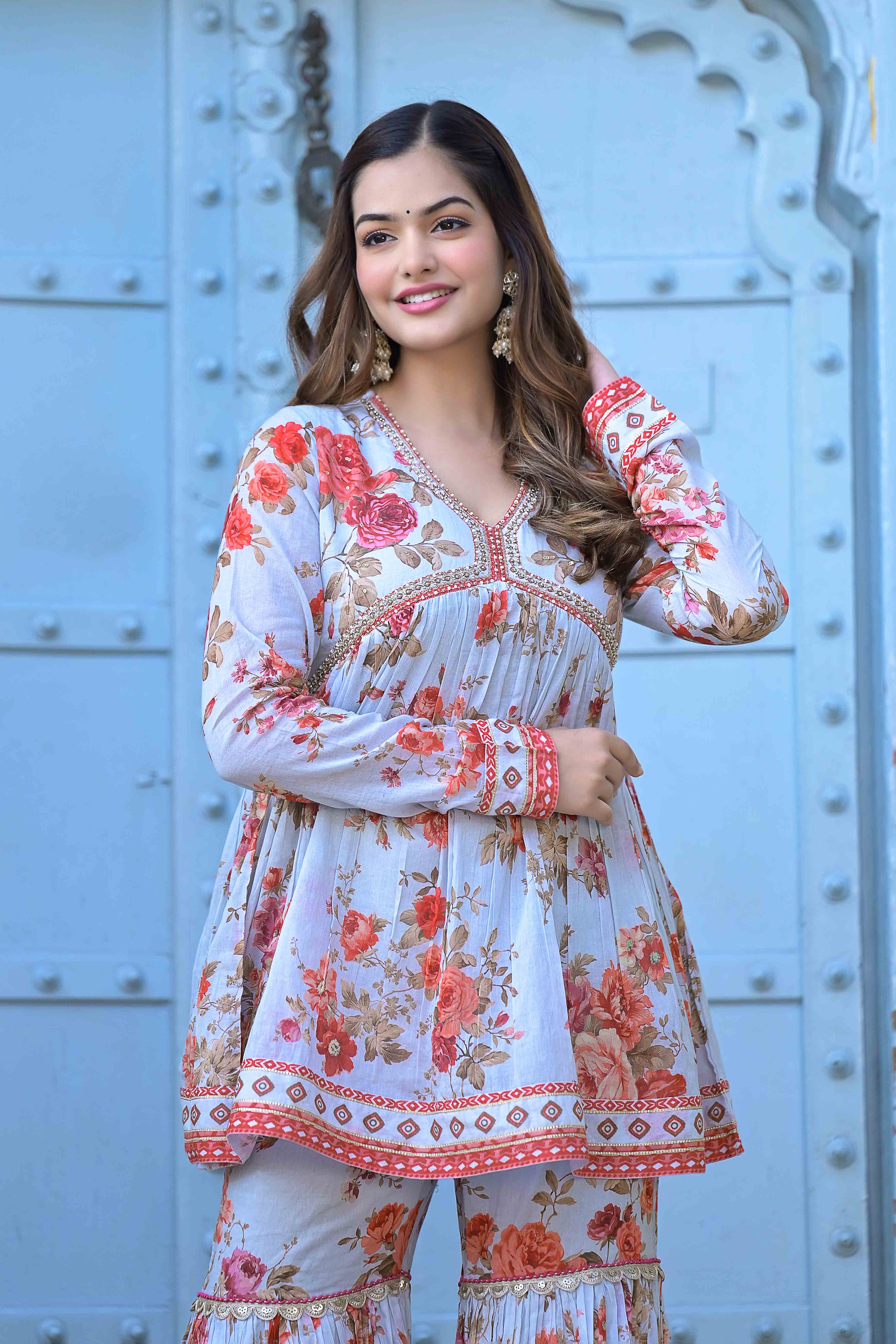Sky Cotton Handwork Sharara Set