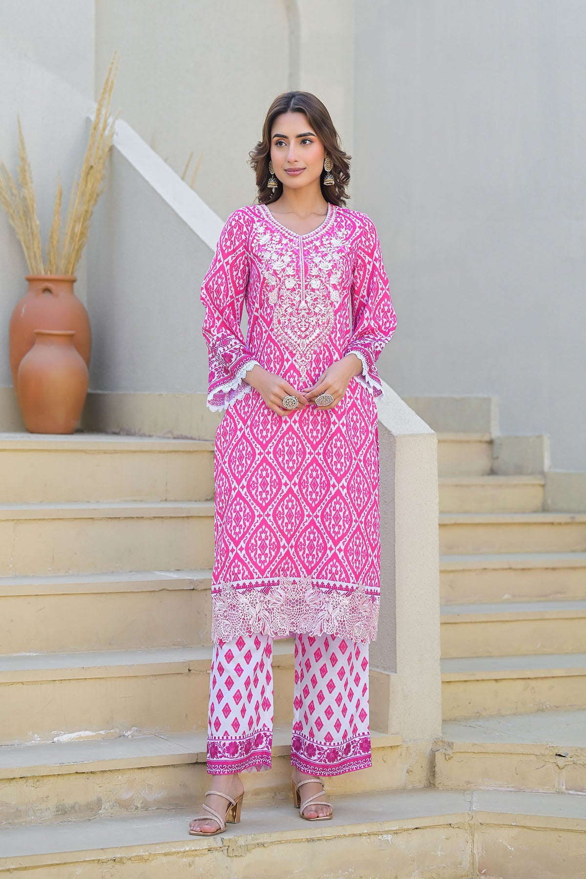 Pink Cotton Embroidered Straight Suit