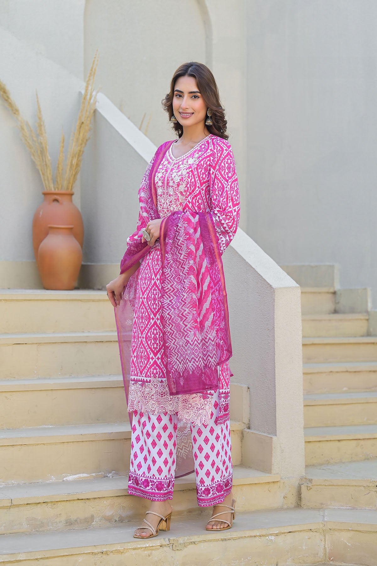 Pink Cotton Embroidered Straight Suit
