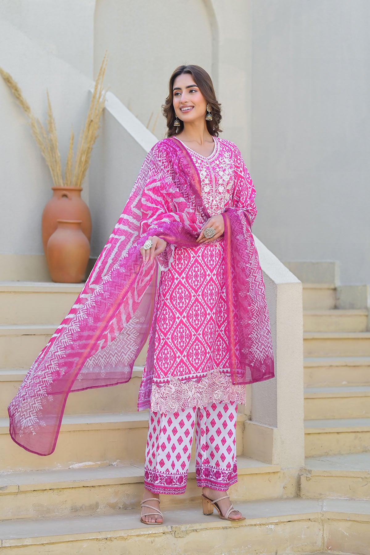 Pink Cotton Embroidered Straight Suit