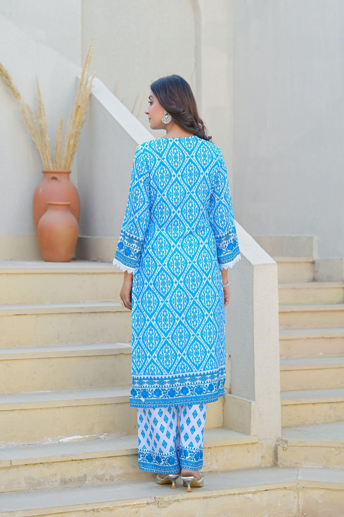 Blue Cotton Embroidered Straight Suit