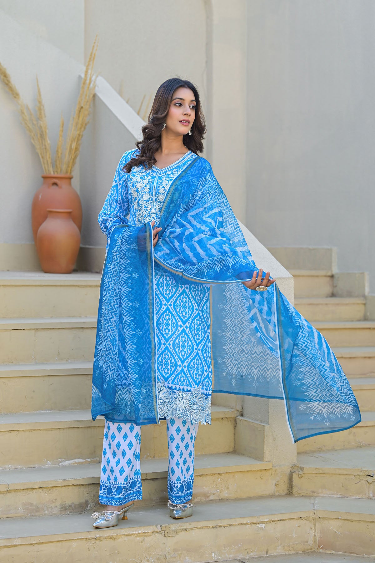 Blue Cotton Embroidered Straight Suit