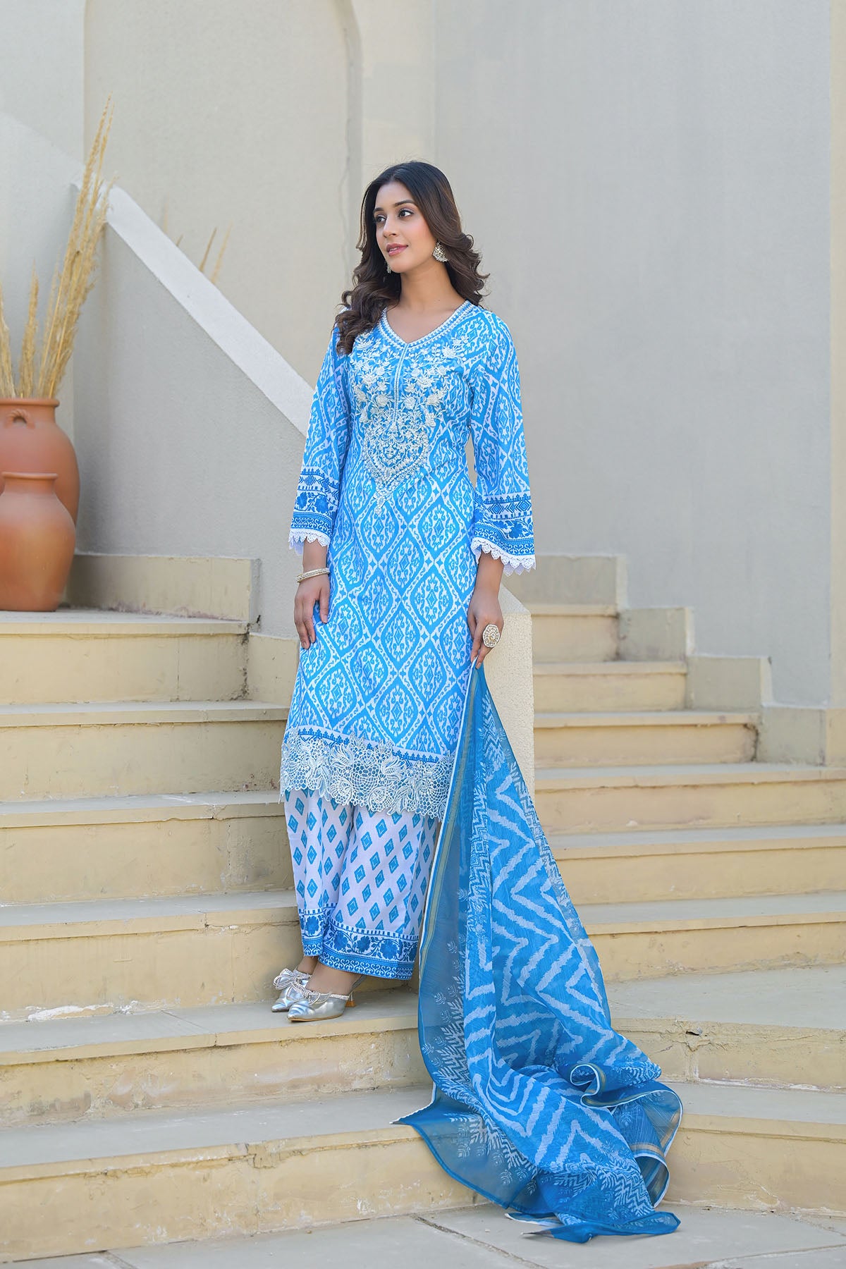 Blue Cotton Embroidered Straight Suit