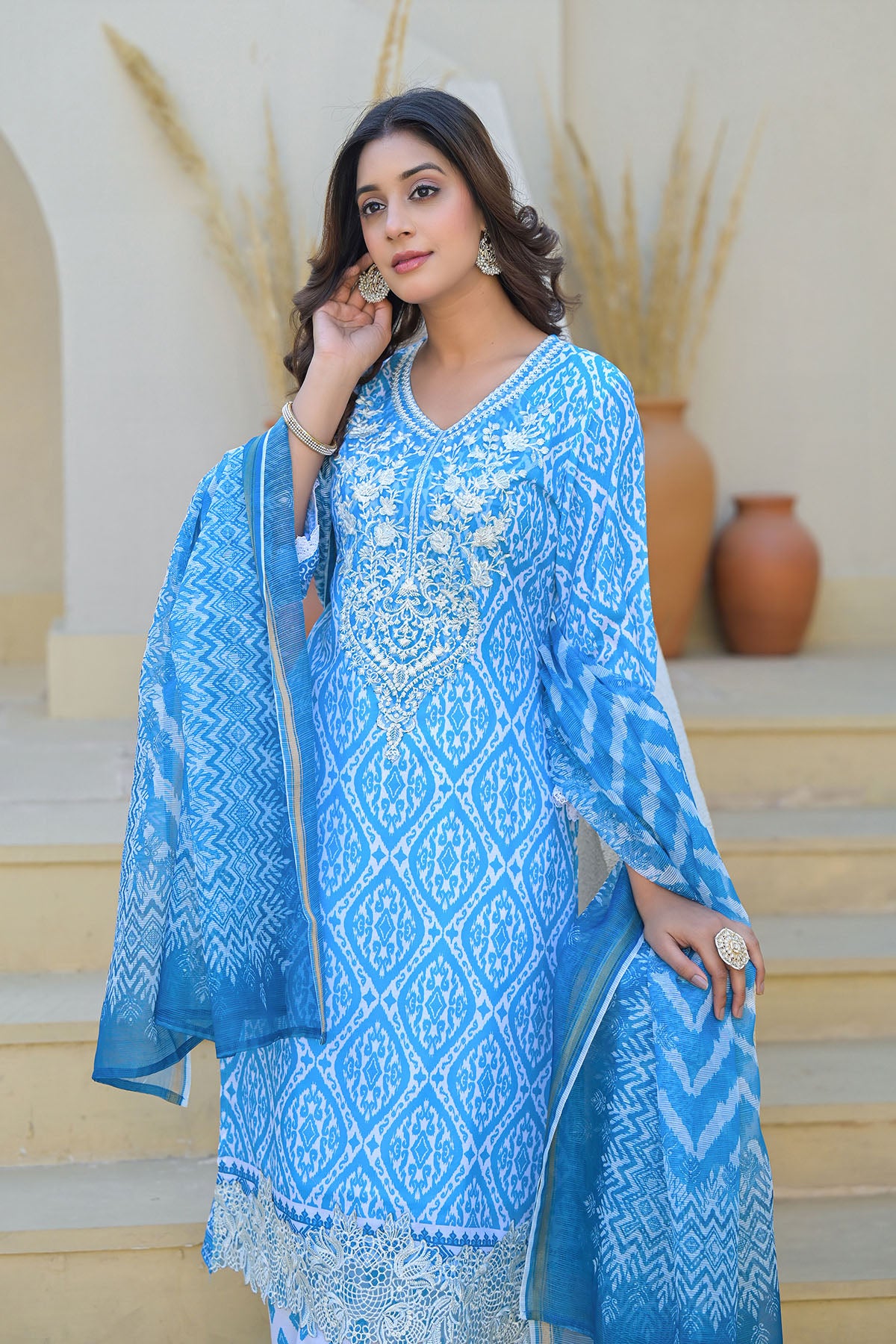 Blue Cotton Embroidered Straight Suit