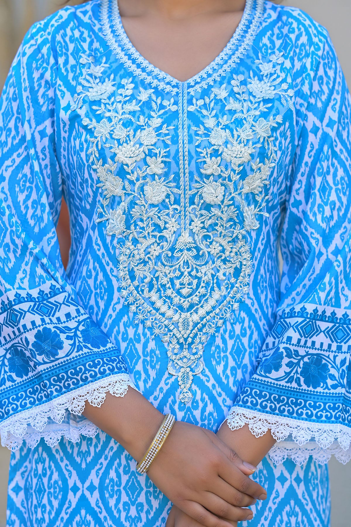 Blue Cotton Embroidered Straight Suit