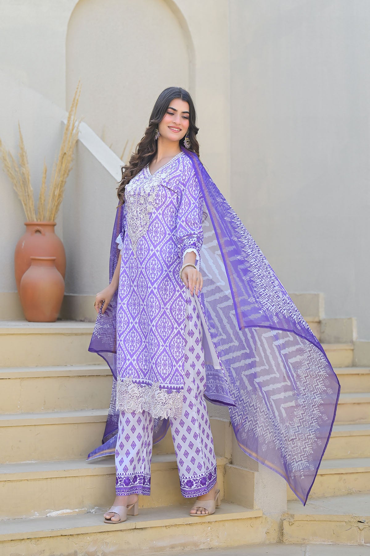 Purple Cotton Embroidered Straight Suit