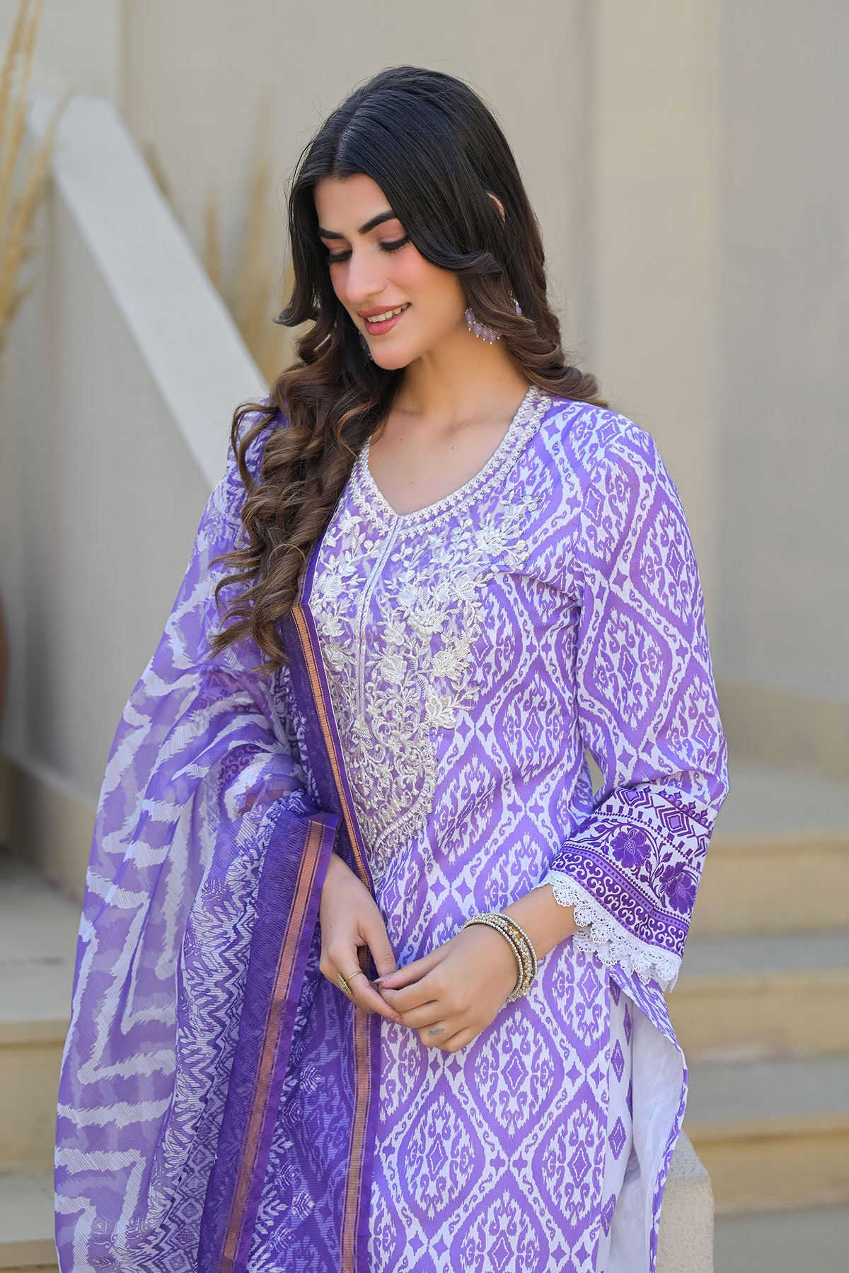 Purple Cotton Embroidered Straight Suit