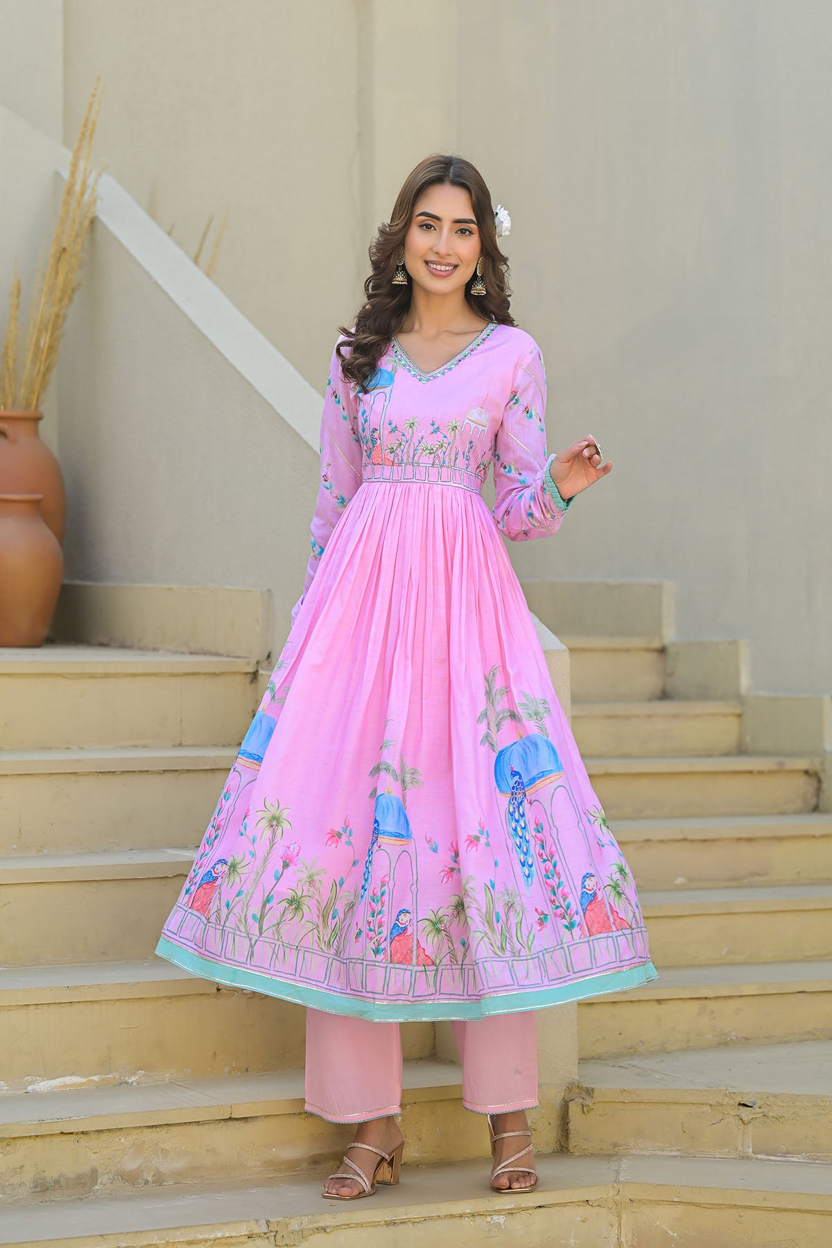 Pink Cotton Printed Anarkali Suit