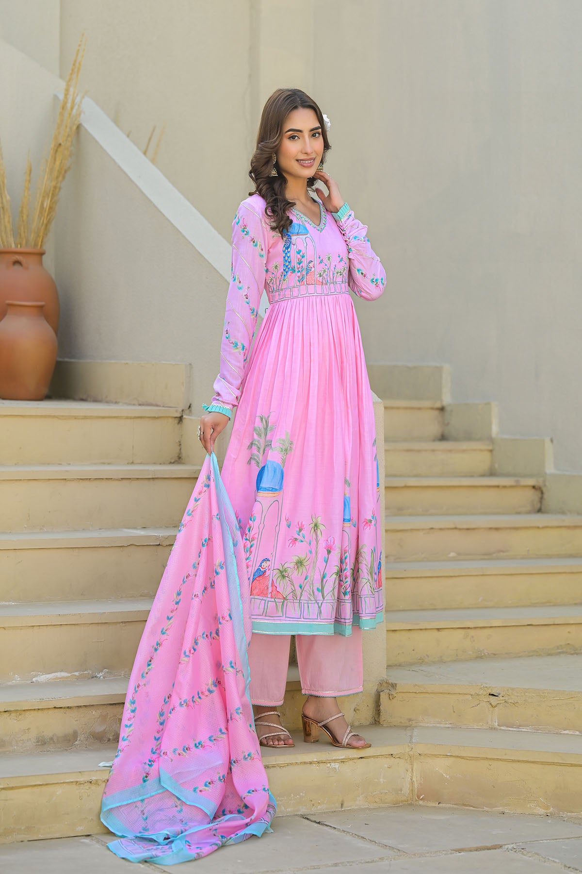Pink Cotton Printed Anarkali Suit