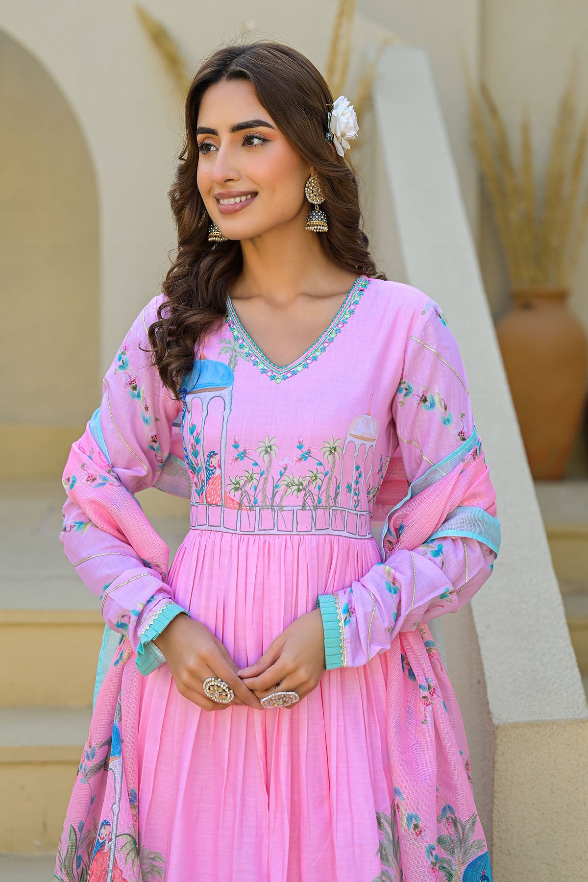 Pink Cotton Printed Anarkali Suit