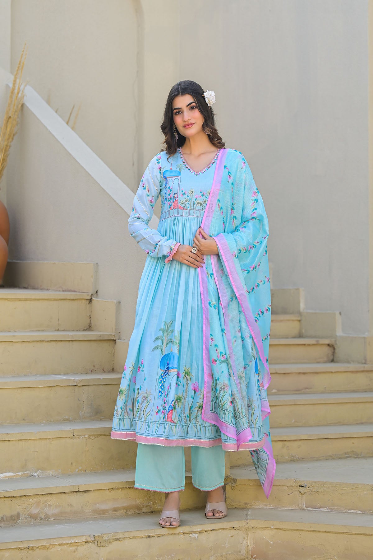 Blue Cotton Printed Anarkali Suit