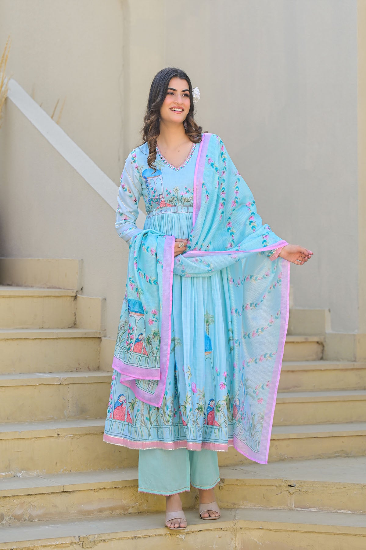 Blue Cotton Printed Anarkali Suit