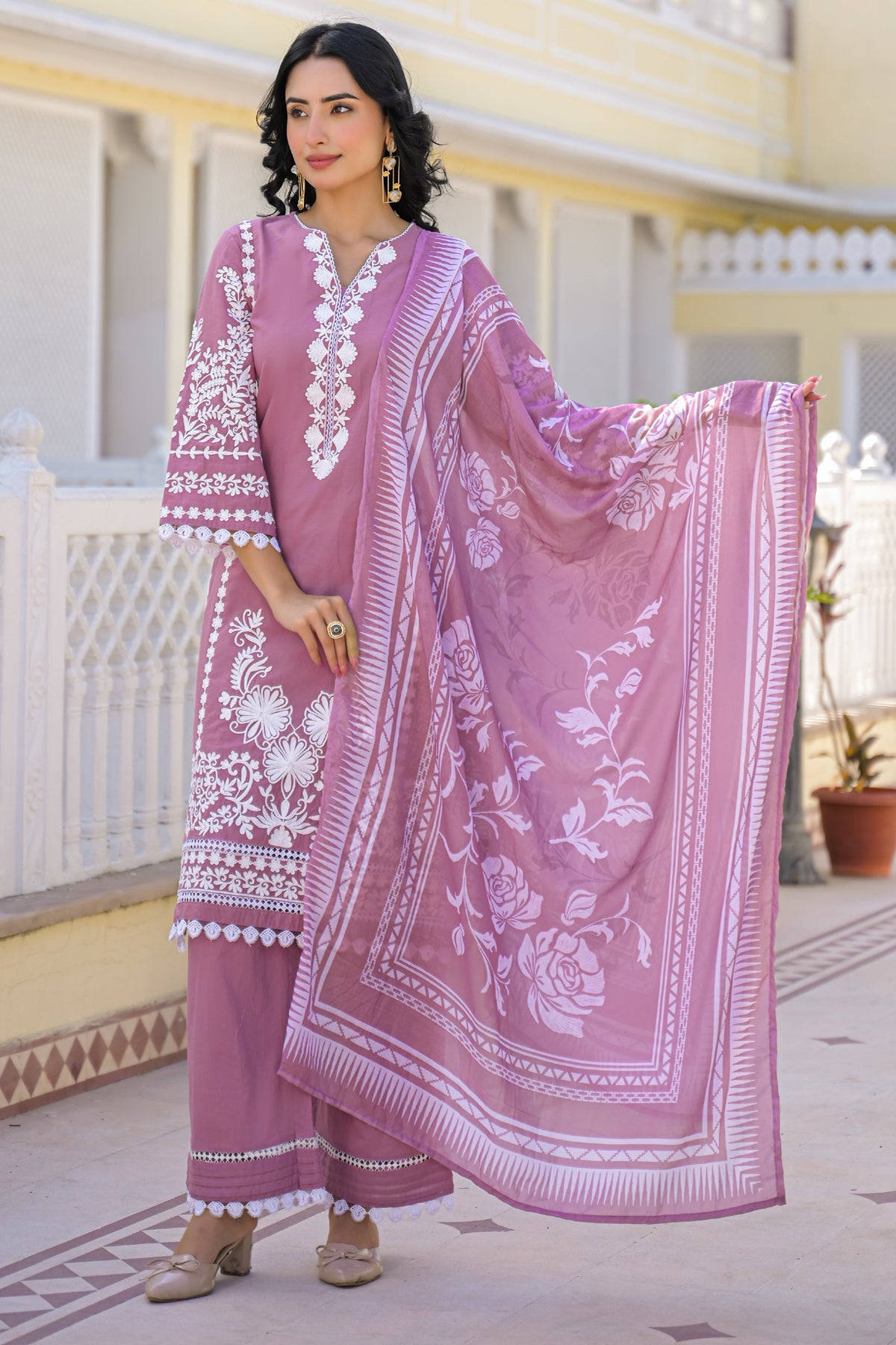 Mauve Cotton Embroidered Suit Set
