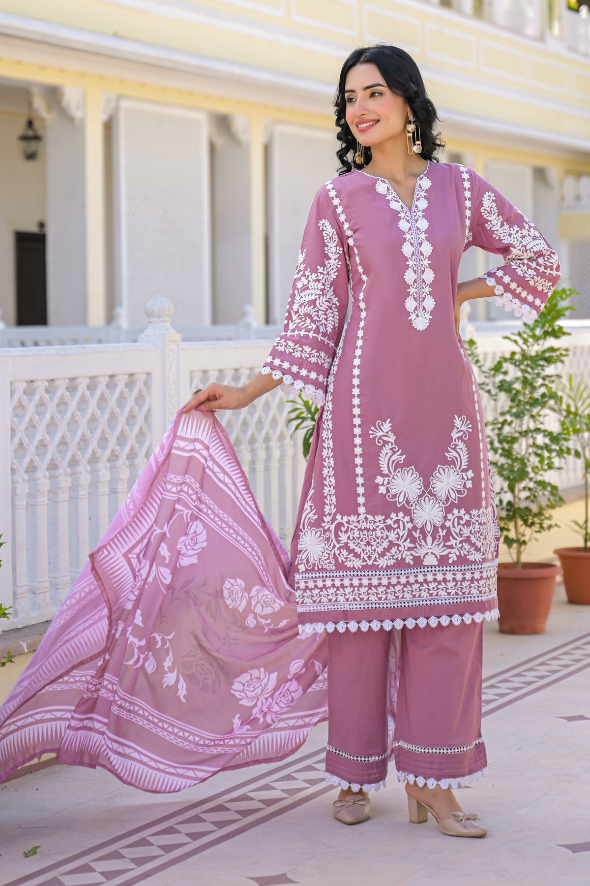 Mauve Cotton Embroidered Suit Set