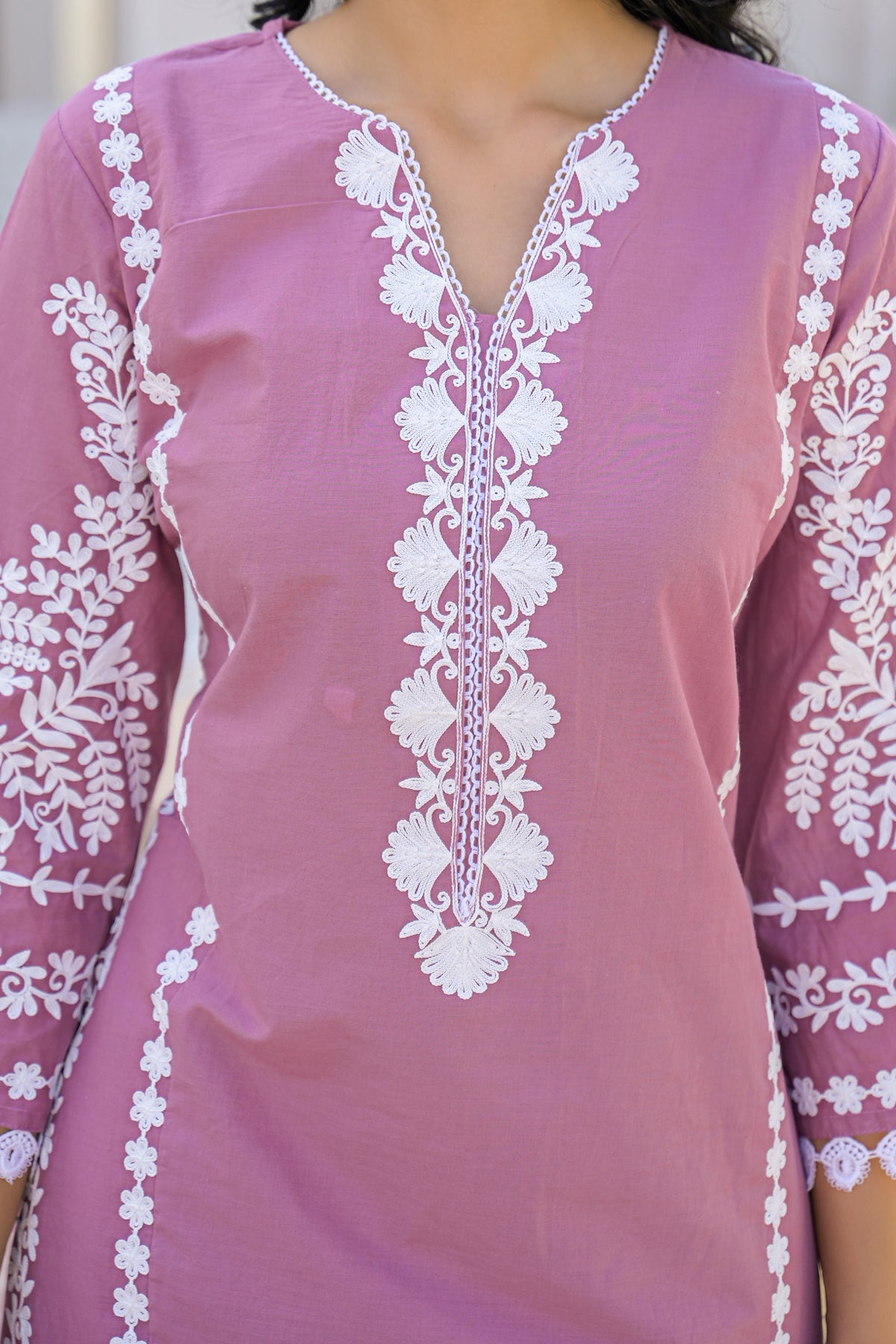 Mauve Cotton Embroidered Suit Set