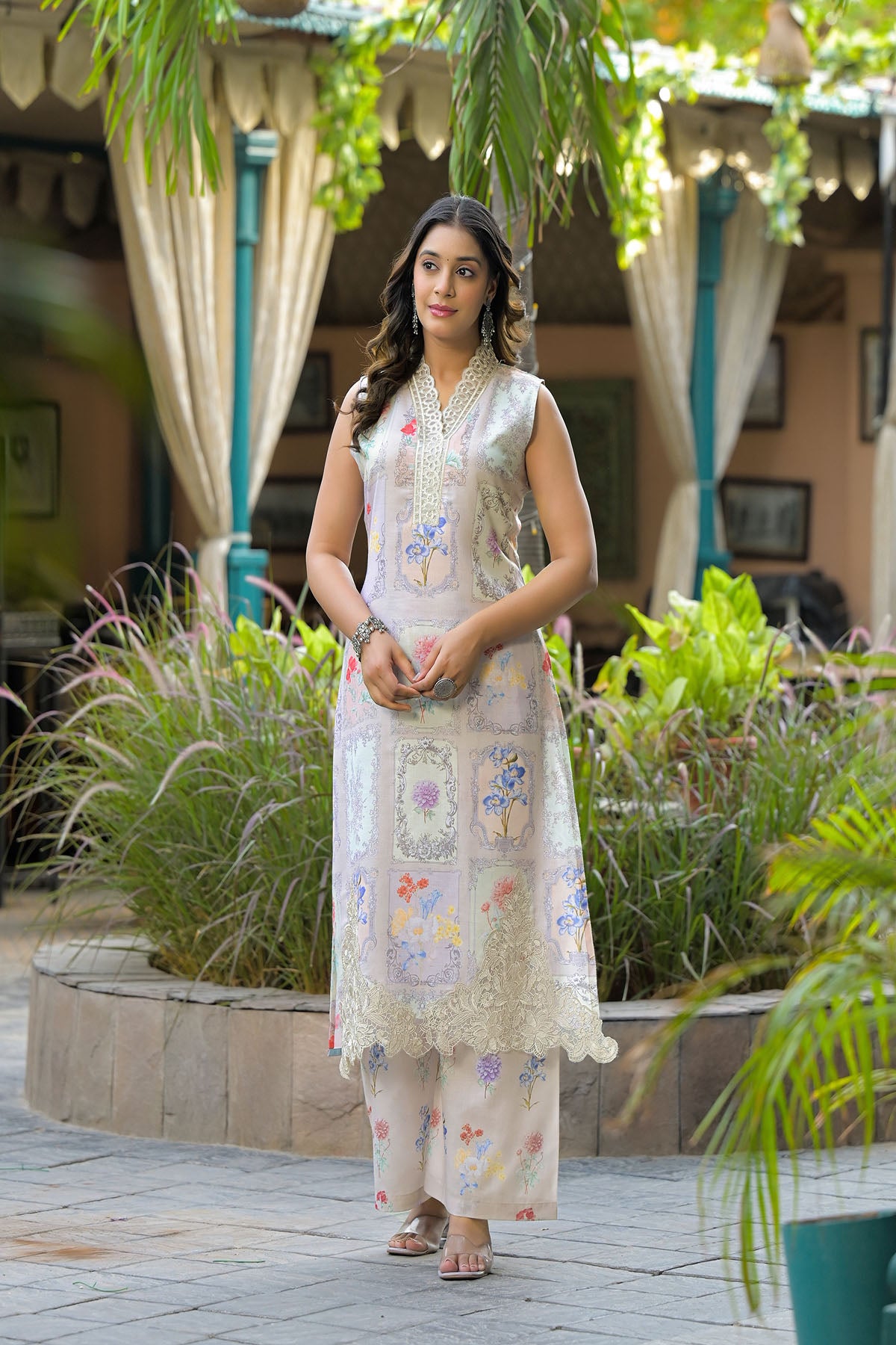 Beige Cotton Embroidered Straight-Cut Suit