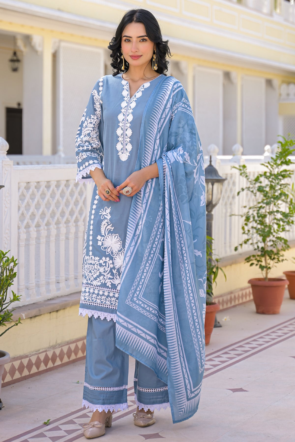 Blue Cotton Embroidered Suit Set