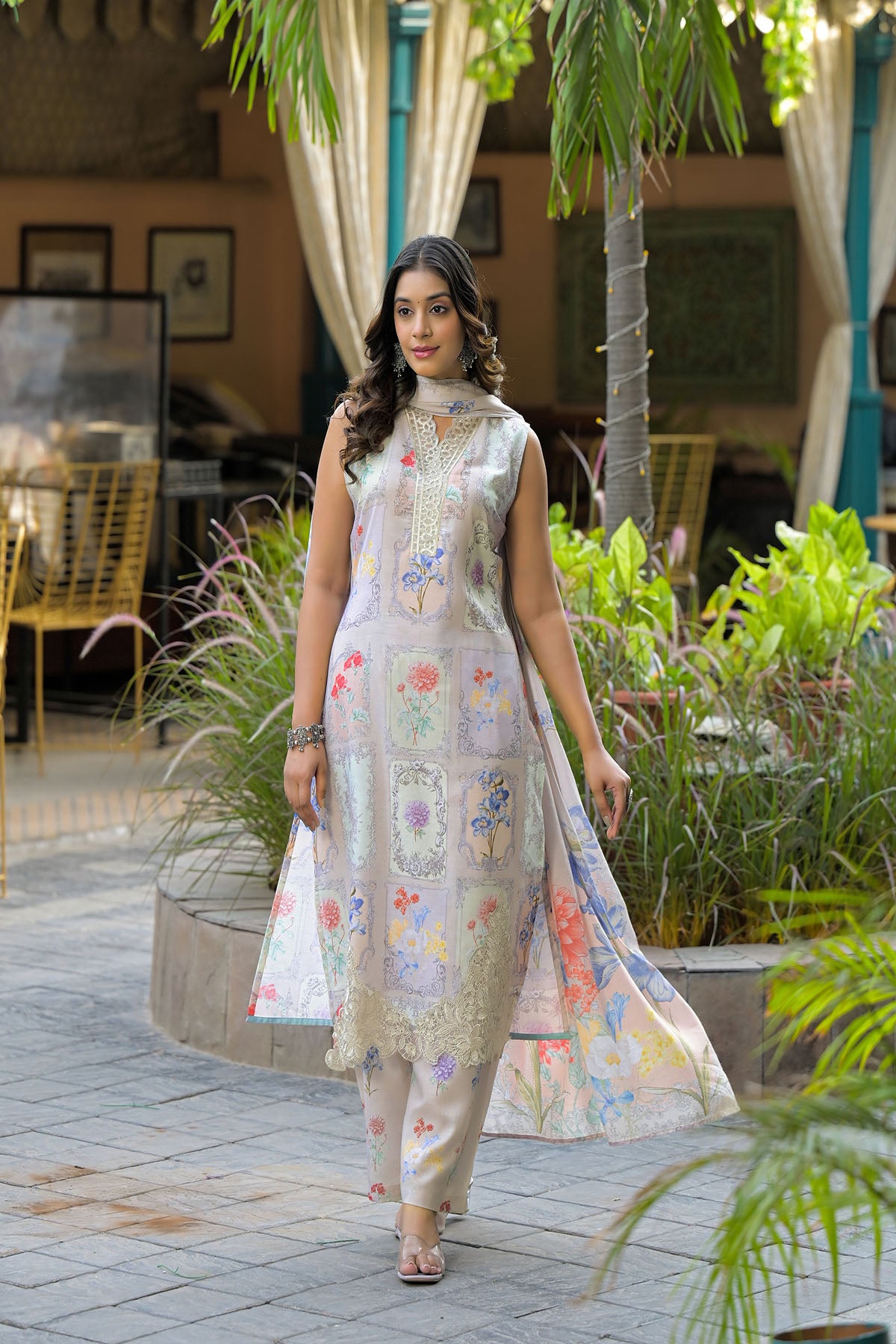 Beige Cotton Embroidered Straight-Cut Suit
