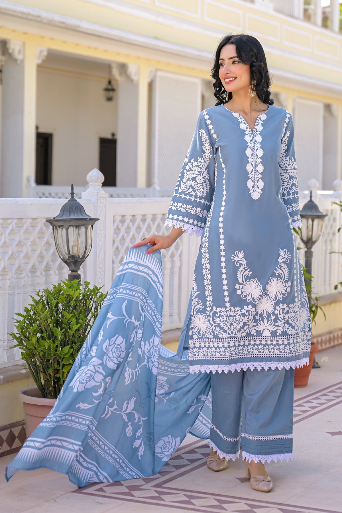 Blue Cotton Embroidered Suit Set